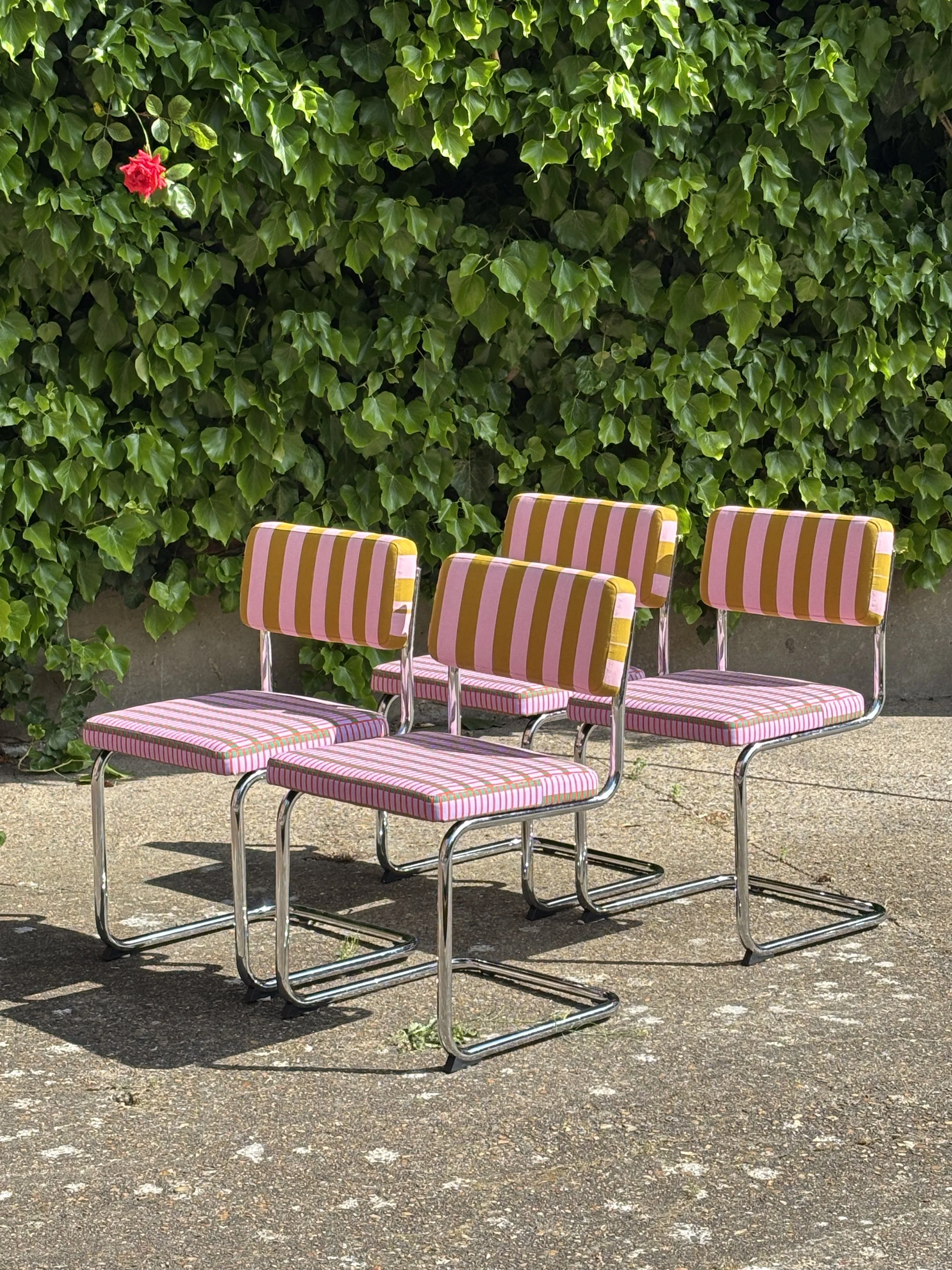 Tesammans Fabric Habitat Cantilevered Chrome Chairs.JPG