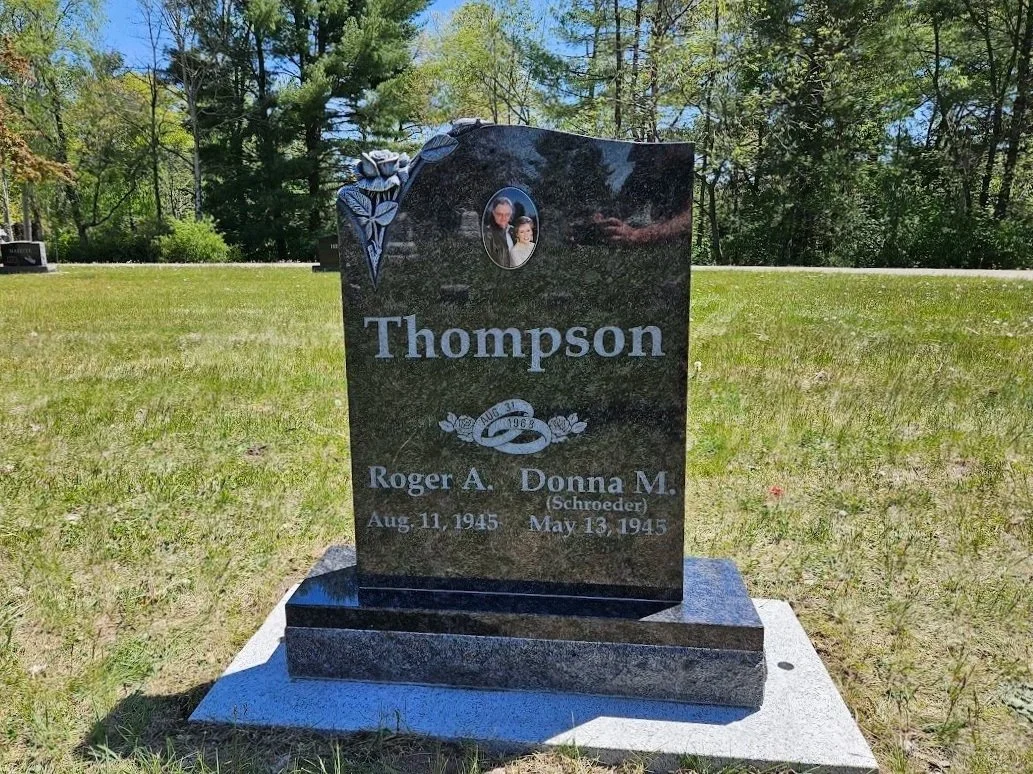 Silver Pearl Unique Special Shaped Gravestone with a Carved Antiqued Rose and a Porcelain Photo with a Floral Ring Wedding Design