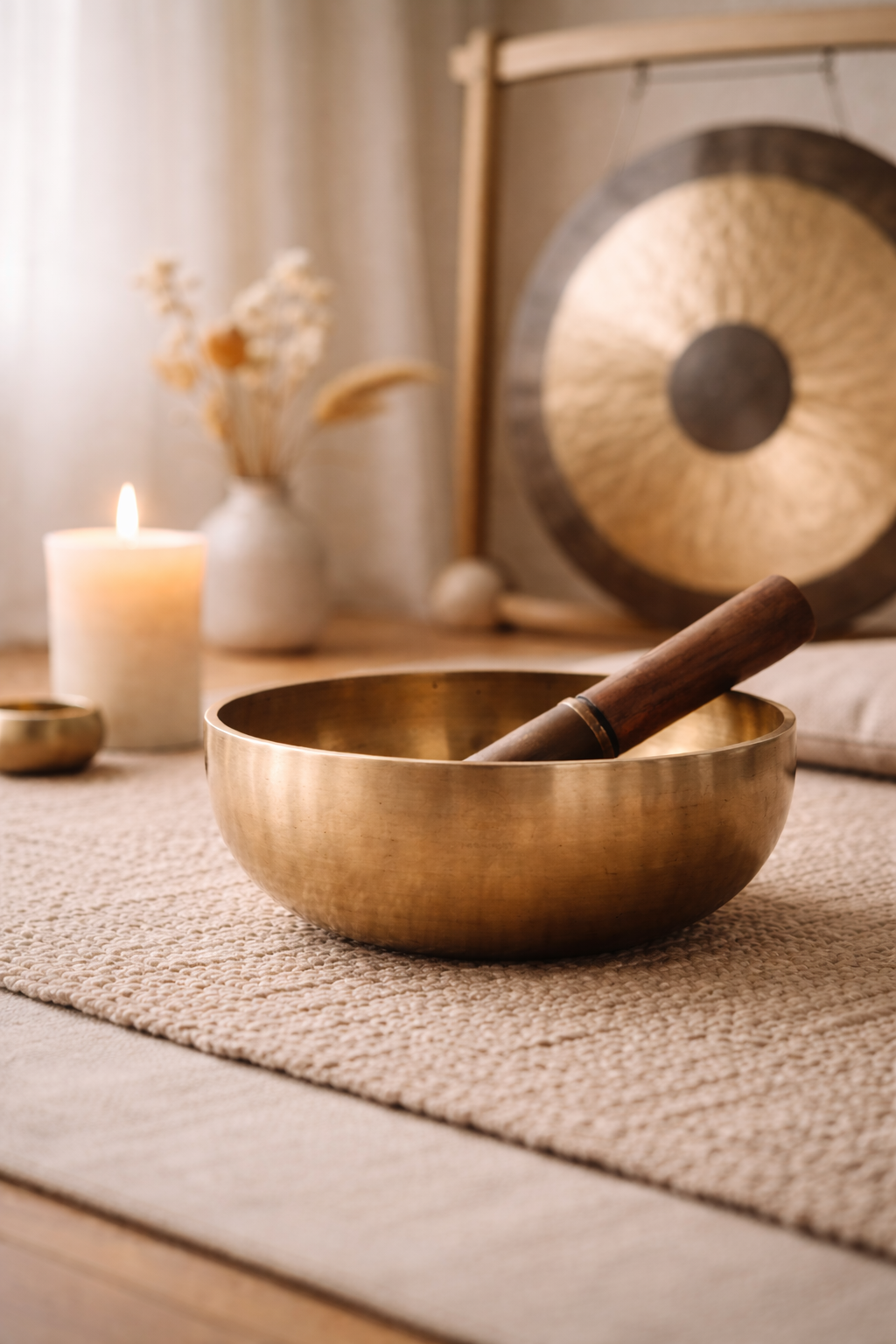 Cuenco tibetano con gong en espacio de meditación y yoga, ambiente cálido y minimalista.