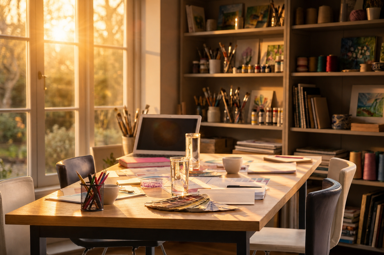 A brightly lit art or craft workspace with a wooden table, art supplies, books, and a laptop, illuminated by sunlight from large open window or glass door.