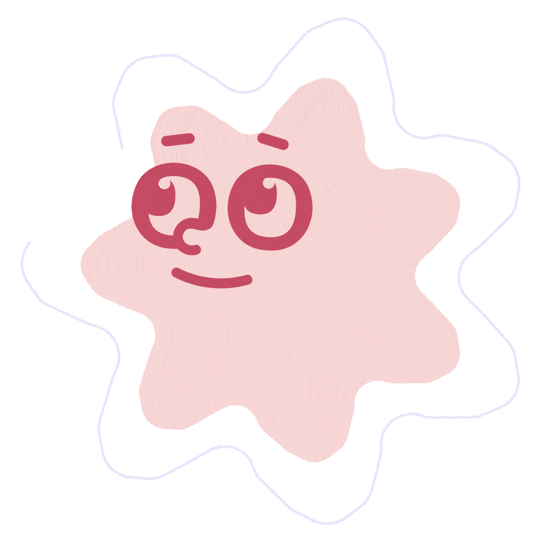 A cartoon starfish with a smiling face, large eyes, and thick eyebrows, set against a pink background with pastel-colored abstract shapes.