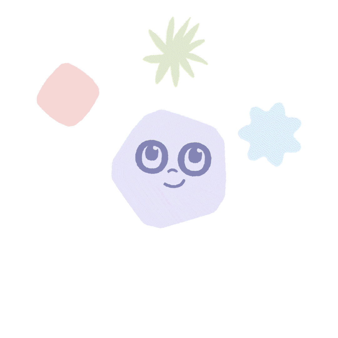 Cartoon-style drawing of a cute smiling face with large, shiny eyes, surrounded by abstract shapes in pastel colors including pink, green, blue, and purple.