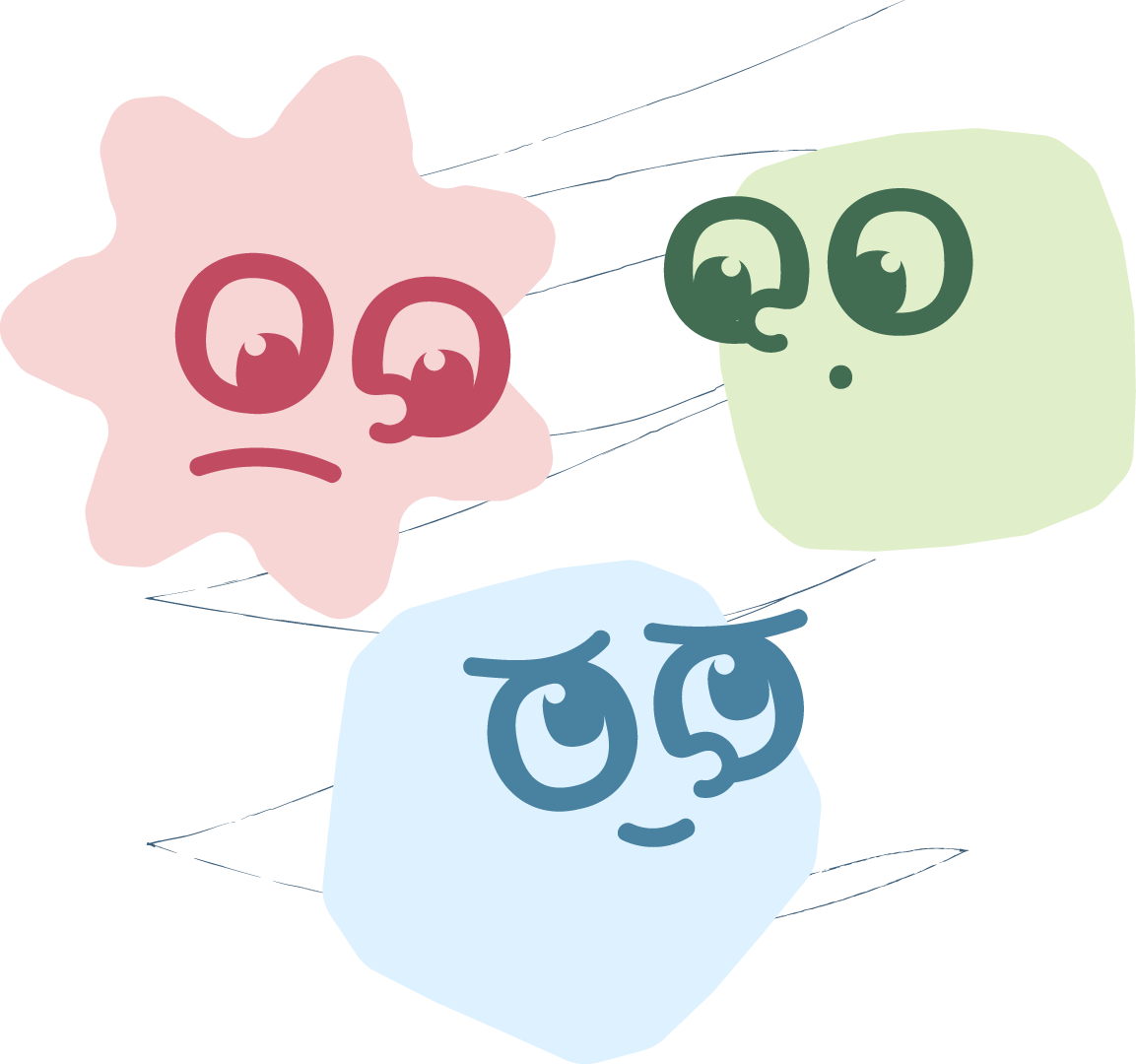 A digital illustration of three cartoonish cells with faces, showing different emotions. The pink cell appears sad, the green cell looks surprised, and the blue cell is happy. They are connected by thin lines, implying they are interacting or communicating.