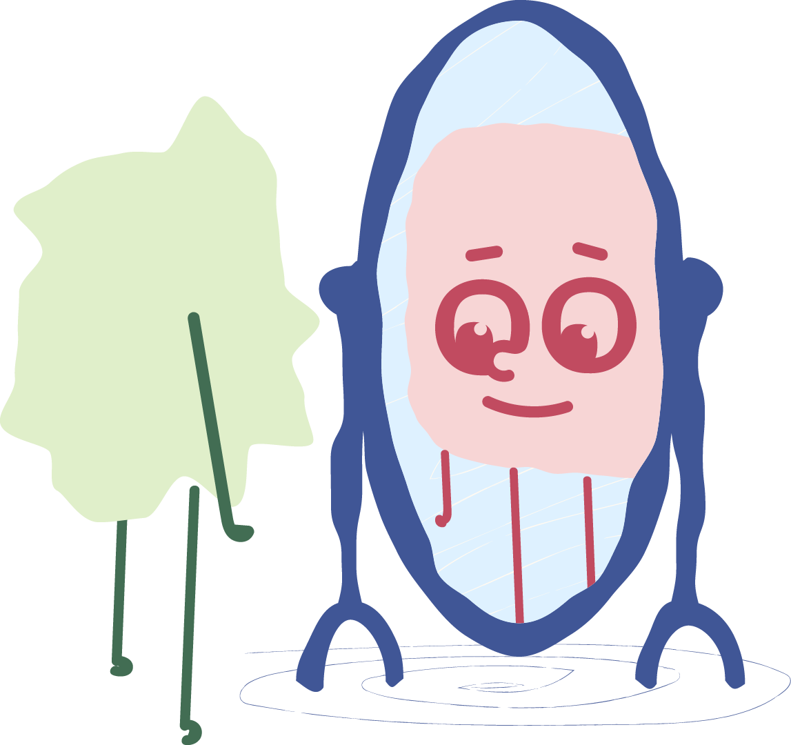 A cartoon illustration of a mirror with a smiling face, eyes looking to the side, and a nose, supported by four blue legs. To the left, there is a green leaf on a stick, also with a face.