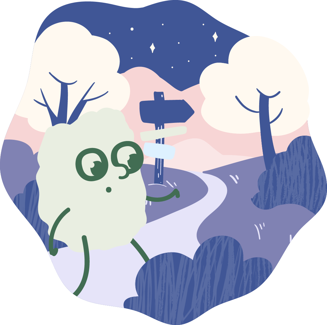 A cartoon foggy landscape with two trees, a winding path, a signpost, and a cloud character with glasses and a bored expression