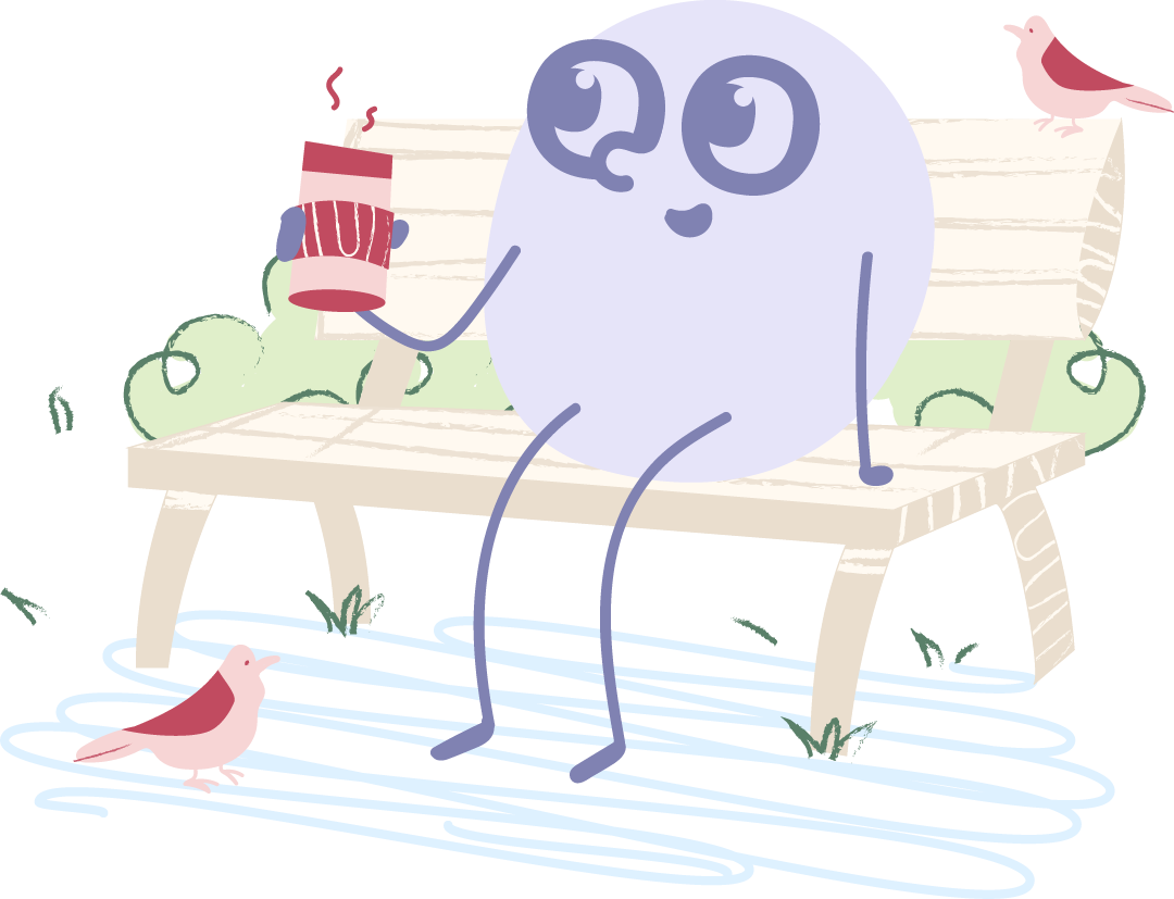 A cartoon character with a round body and big eyes sitting on a park bench, holding a steaming mug, with birds around them and trees in the background