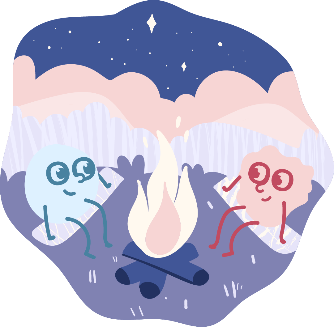 Cartoon characters of a blue circle and a pink cloud sitting next to a campfire under a starry night sky.