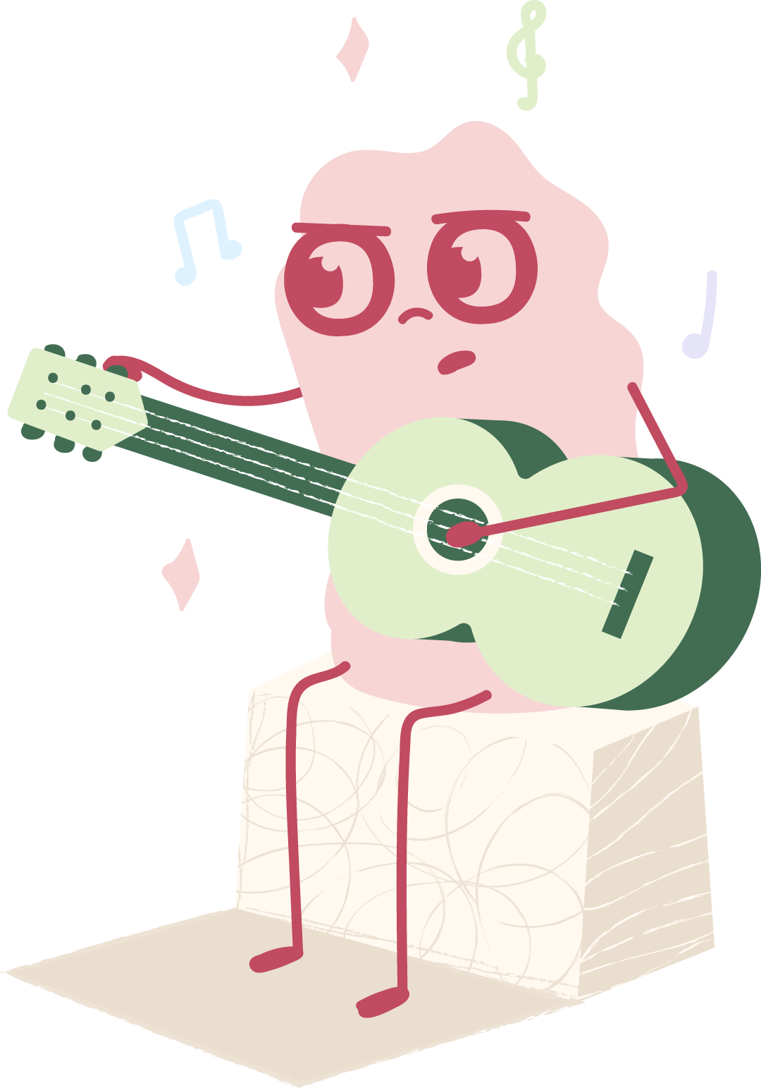 Animated pink cotton candy character with glasses, playing a guitar, sitting on a white block, with musical notes around, on a black background.