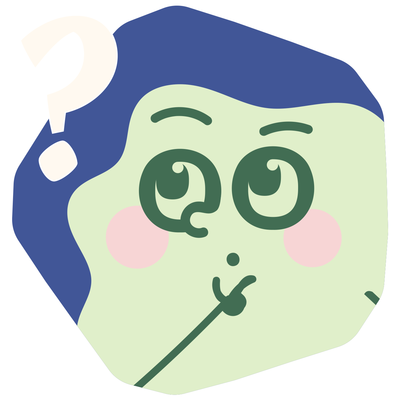 Illustration of a person with blue hair, glasses, pink cheeks, and a thoughtful expression with a finger on lips and a question mark above their head.