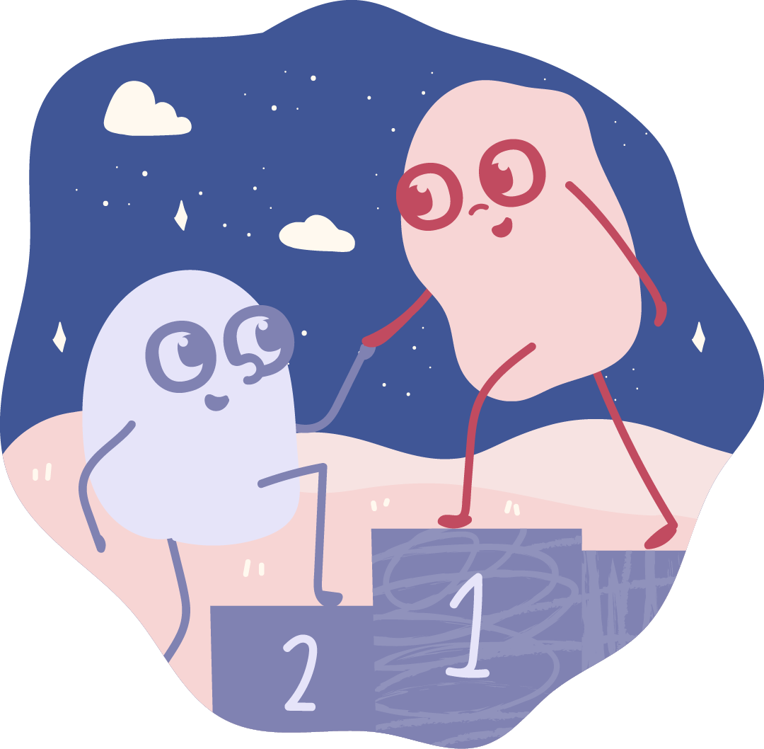 Cartoon characters on a winners' podium at night, one on the first place with pink body, the other on the second place with purple body, holding hands and smiling.