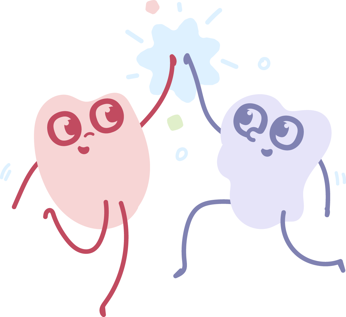 Cartoon illustration of two anthropomorphized cells with smiling faces, holding hands, and jumping in celebration, surrounded by colorful particles.