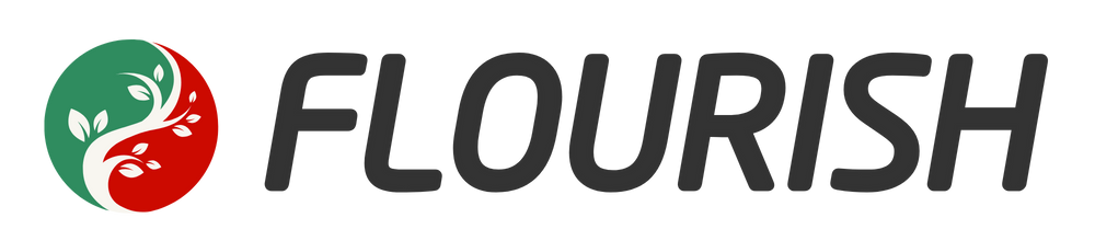 Logo with a stylized tree inside a circle that is half green and half red, followed by the word 'FLOURISH' in black capital letters.