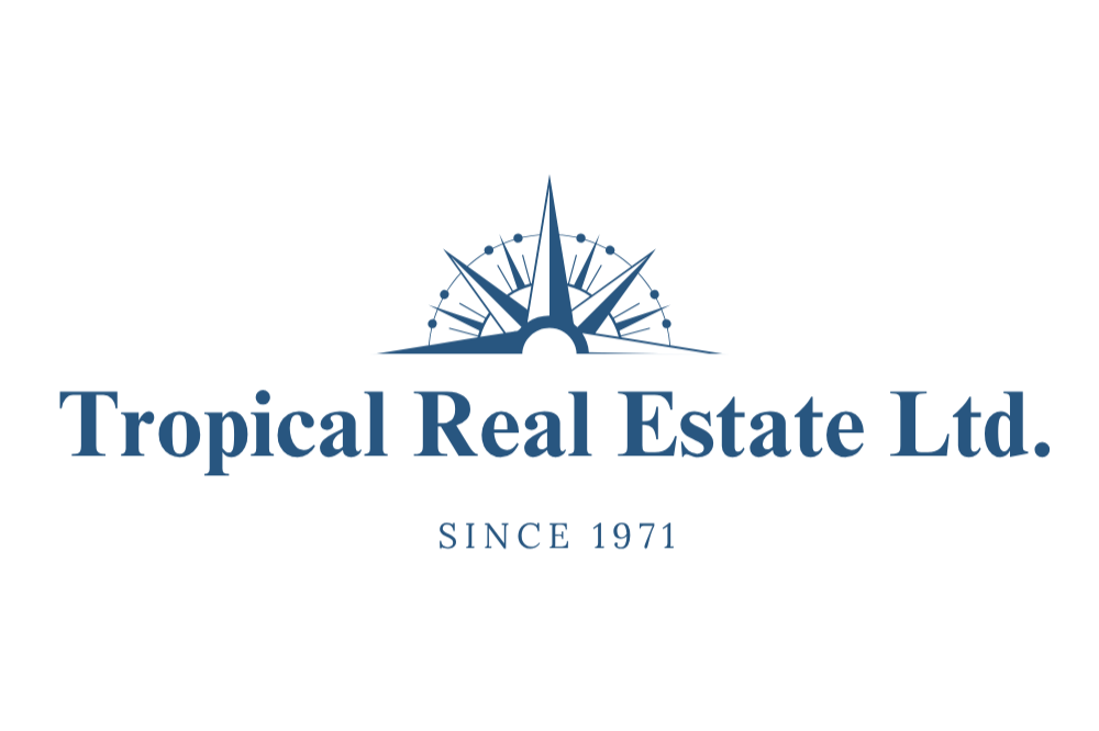 Logo for Tropical Real Estate Ltd., featuring a stylized compass with a palm tree silhouette, and text indicating the company name and establishment year, 1971.