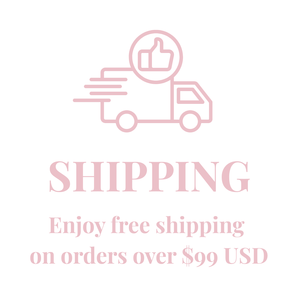 Pink outline of a delivery truck with a thumbs-up icon above it, on a black background. The text 'SHIPPING' is below, followed by 'Enjoy free shipping on orders over $99 USD'.