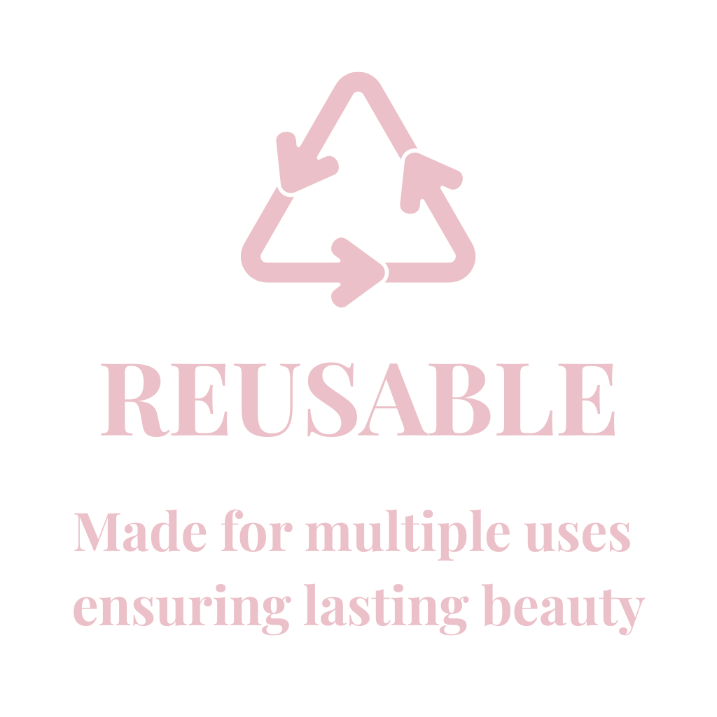 Recycling symbol with the word 'REUSABLE' and the phrase 'Made for multiple uses ensuring lasting beauty' underneath.