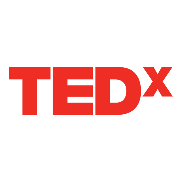 TEDx logo with red letters on a white background