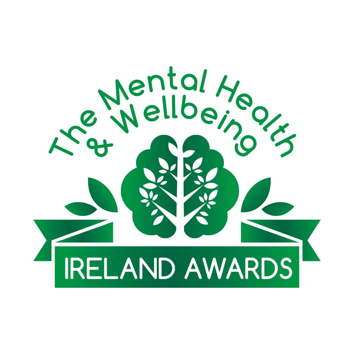 Logo for the Mental Health & Wellbeing Ireland Awards, featuring a green tree with symmetrical branches and leaves, with the event name written above and below the tree.