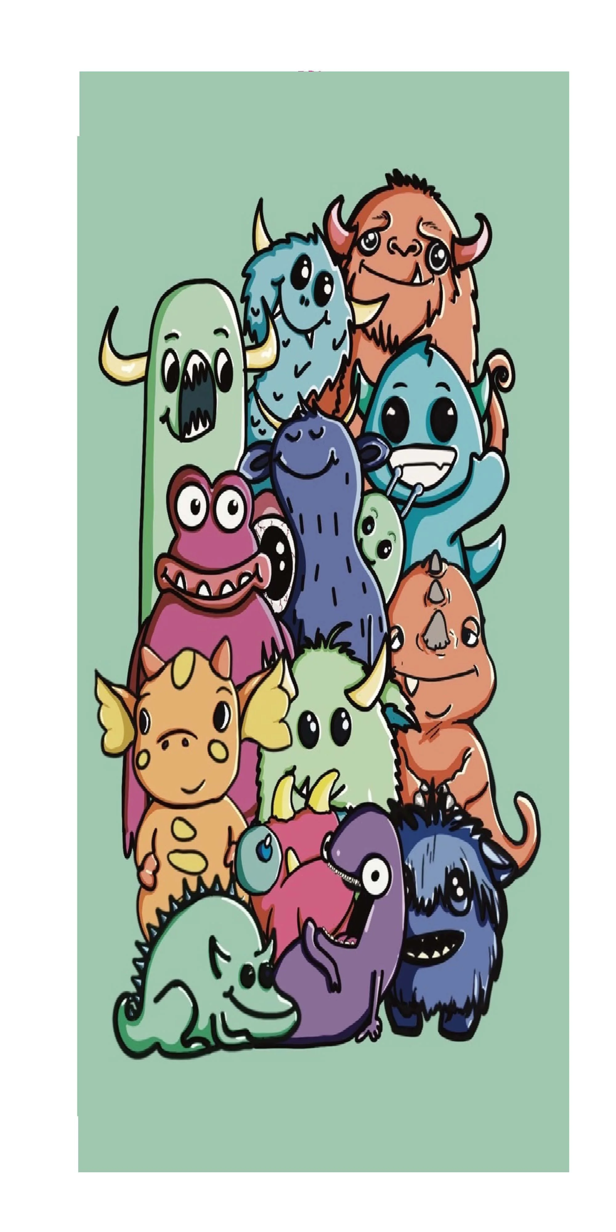 Collection of colorful cartoon monsters with various expressions on a light green background.