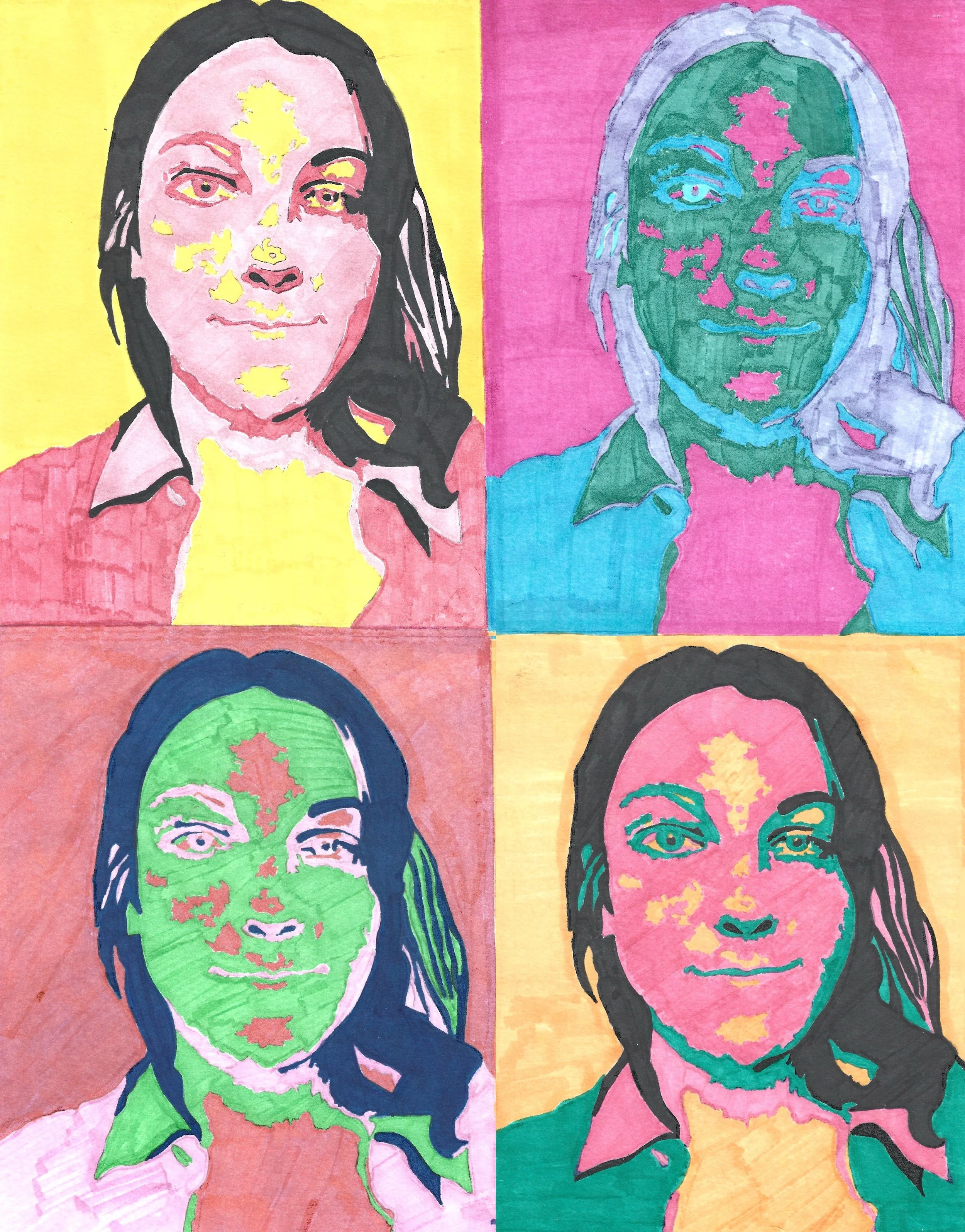 Colorful pop art-style portrait of a woman with dark hair, wearing a collared shirt, shown in four mirrored sections with different background colors: yellow, pink, orange, and yellow. The artwork resembles a stylized portrait inspired by the pop art