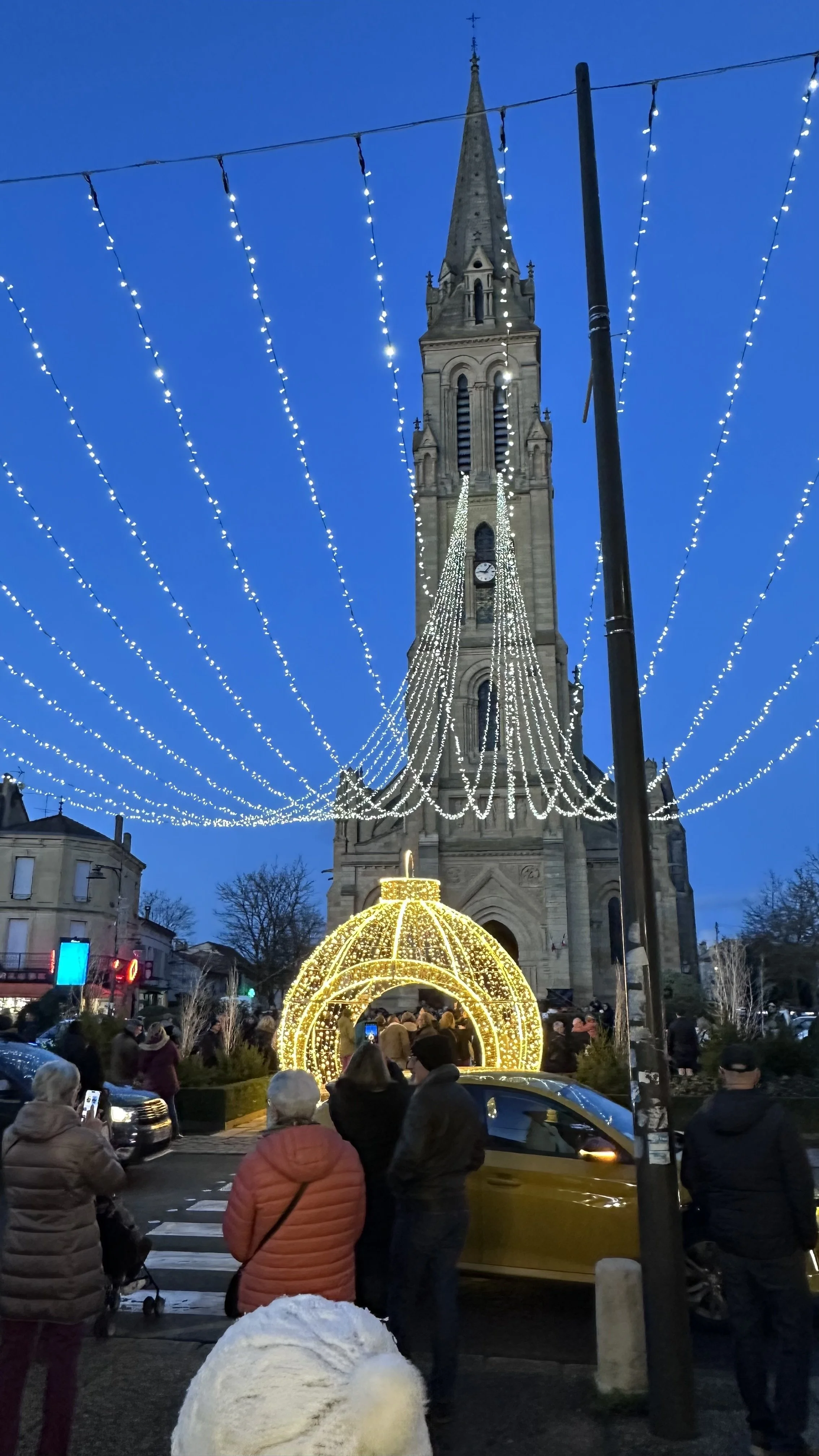 Christmas lights in front of the church in the centre of Bergerac