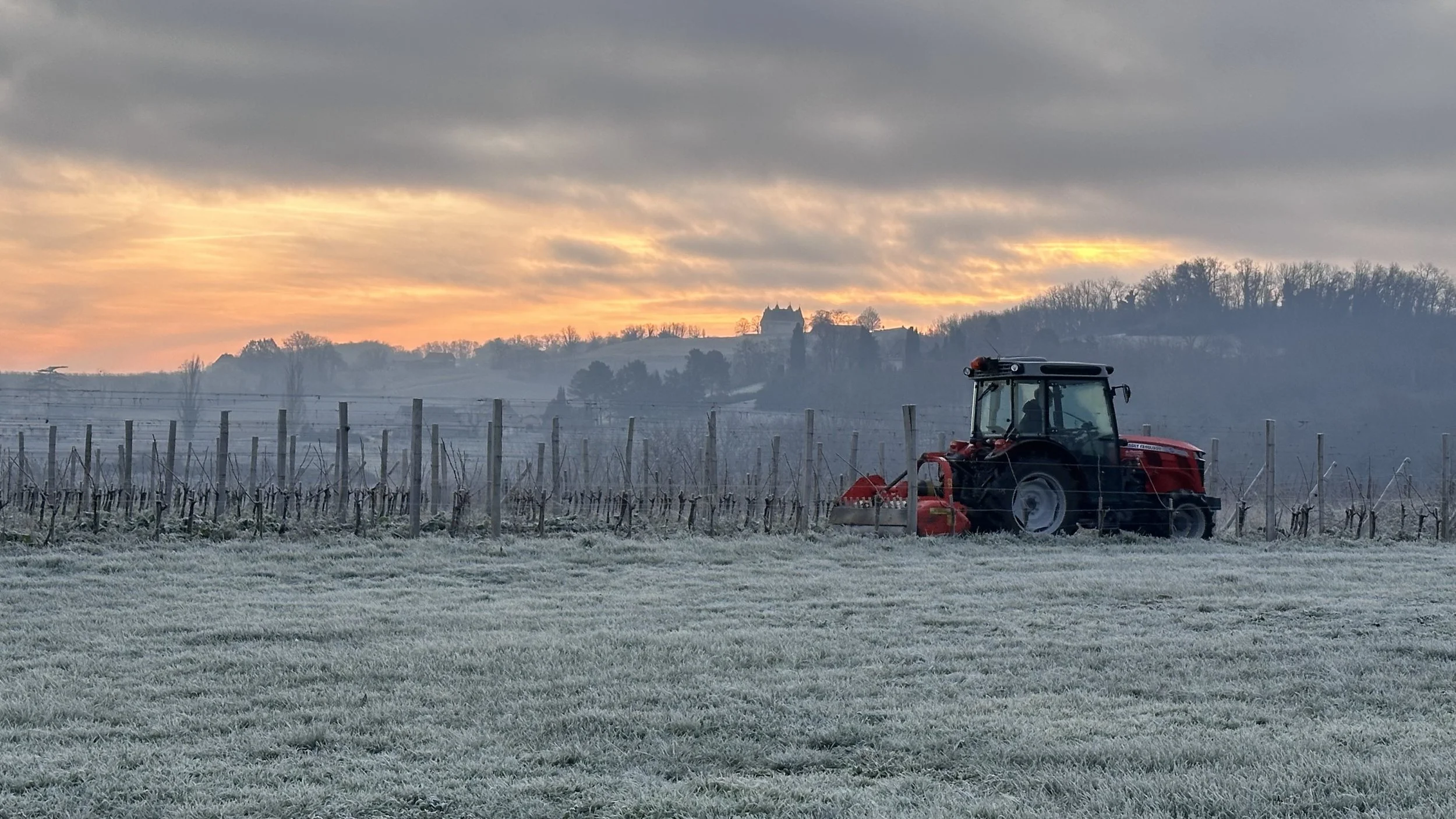 A  tractor working in the vineyards that surround French House La Tour Blanche,  at sunrise on a frosty winter morning