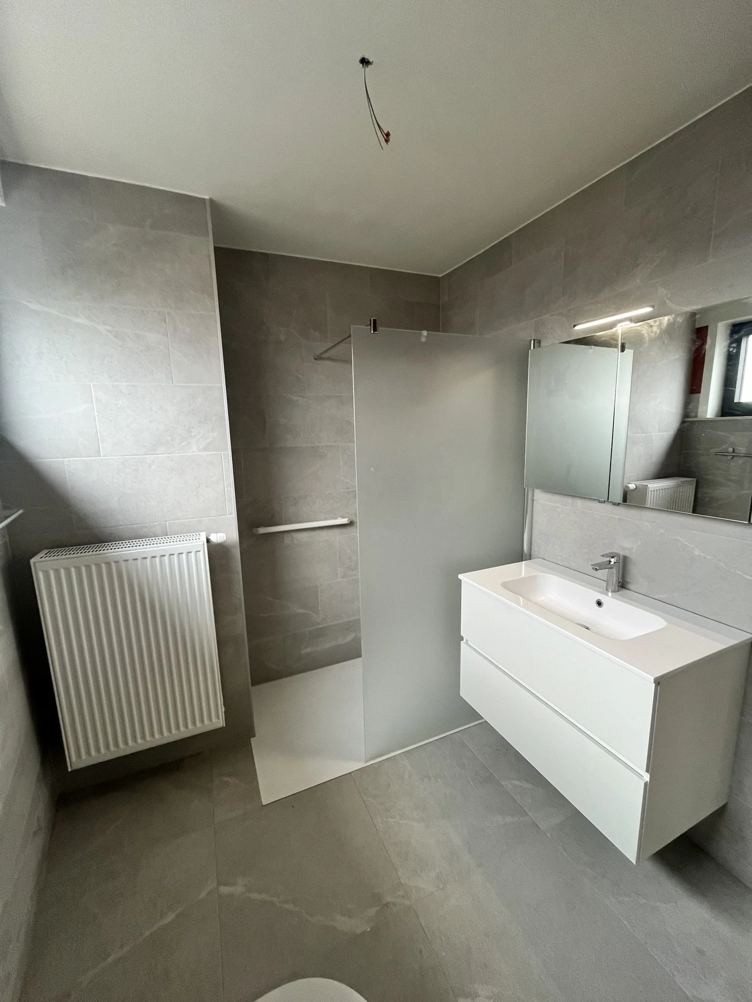 Een moderne badkamer met een wastafel, spiegel, verwarming, en een frosted glas scheidingswand voor de douche.
