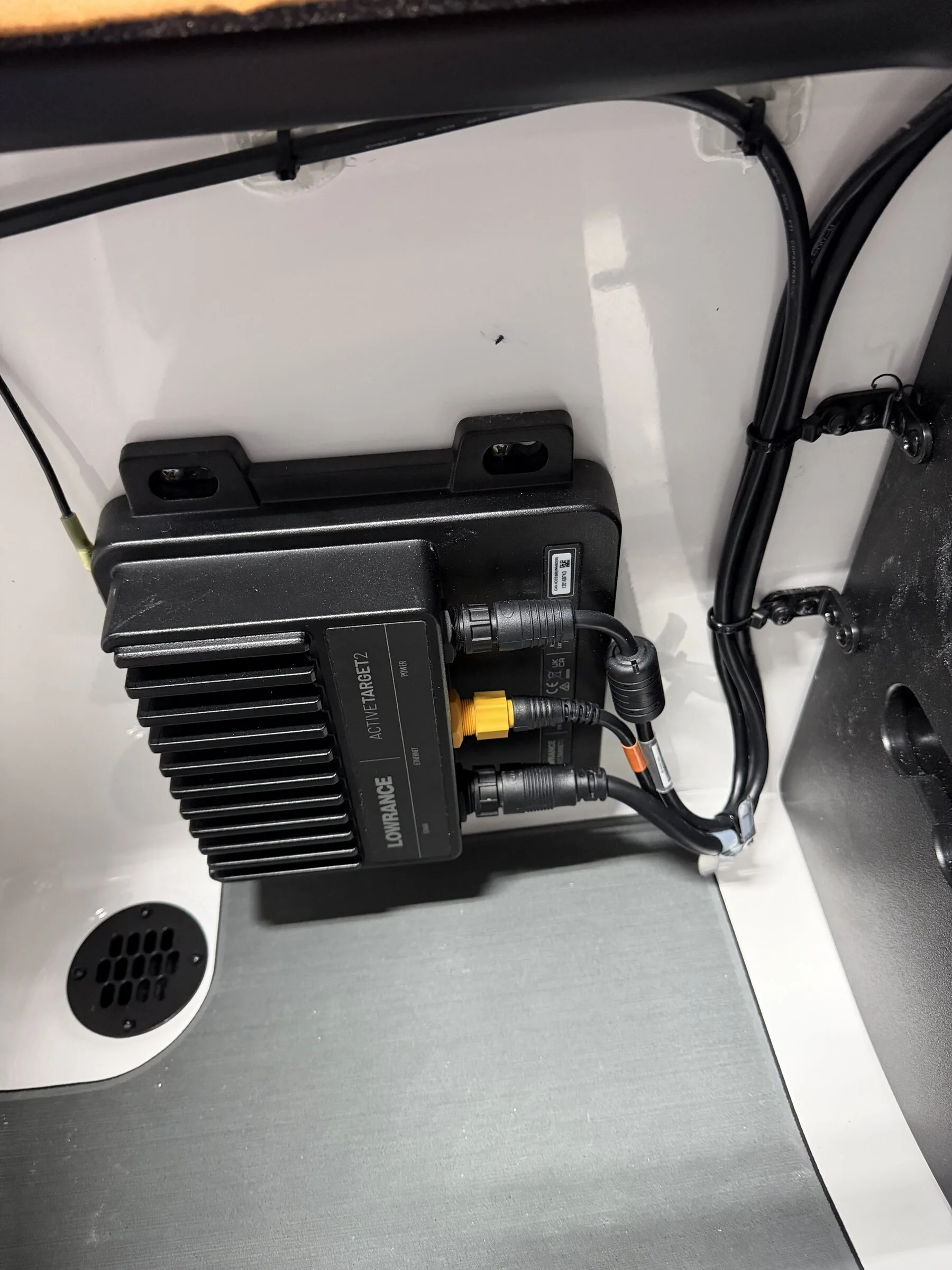 Lowrance ActiveTarget 2 module mounted and wired inside the hull for forward-facing sonar