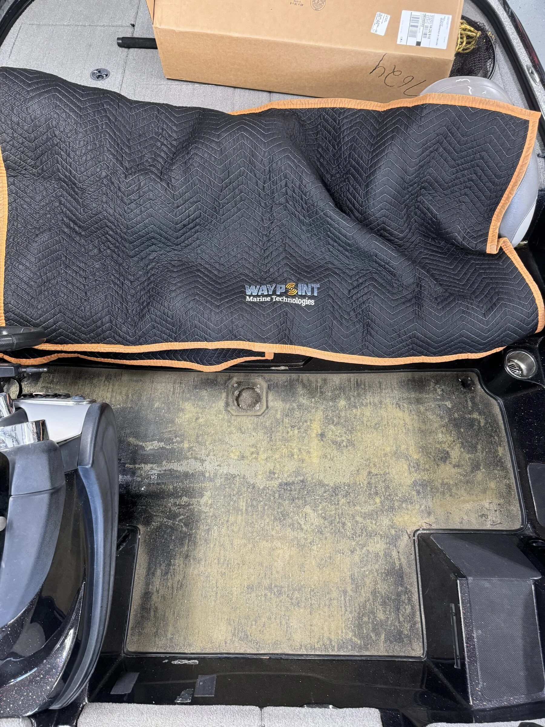 Custom embroidered Waypoint Marine Technologies boat cover, part of every finished install