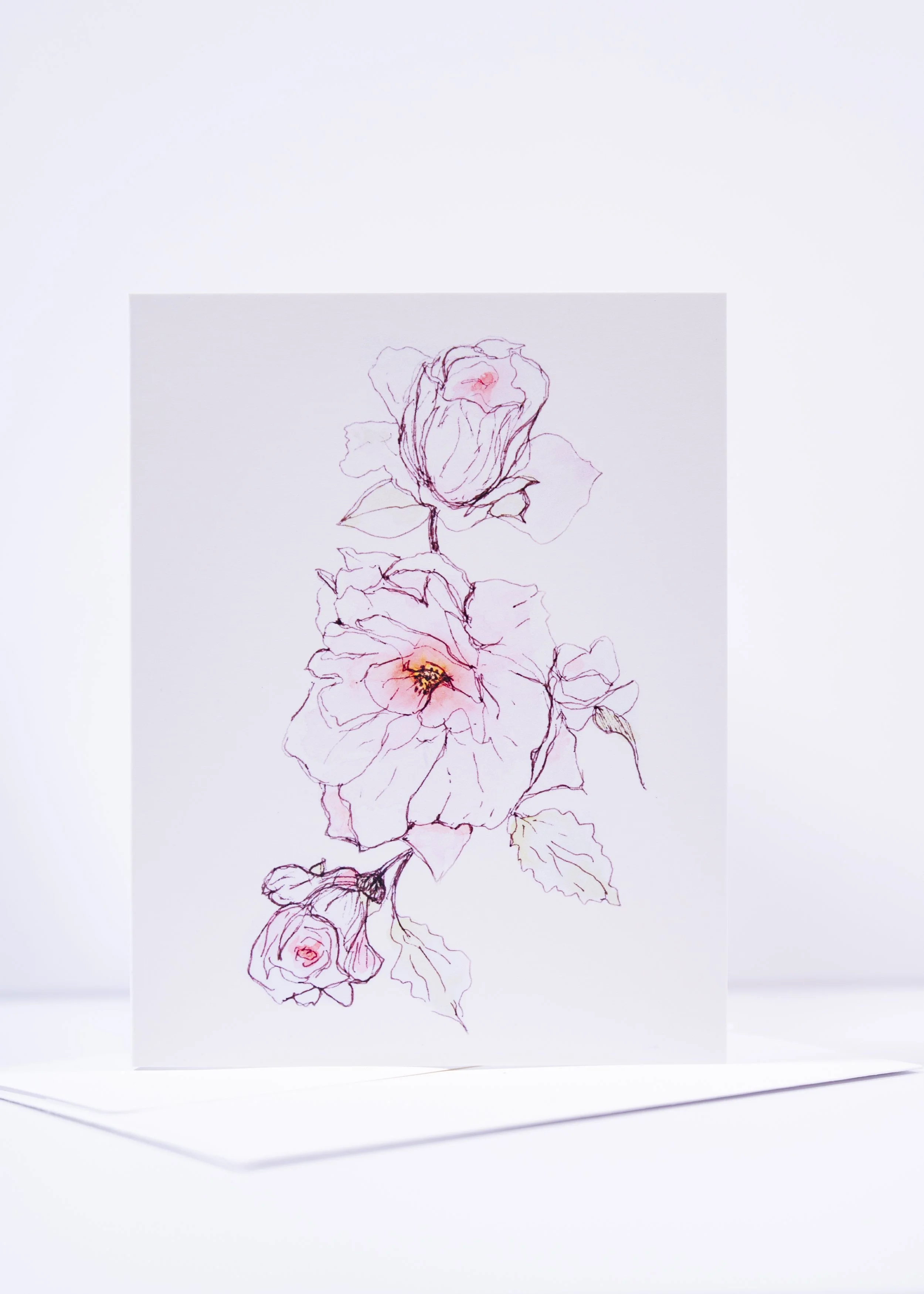 GREETING CARD / Pen & Ink Pink Rose Vine