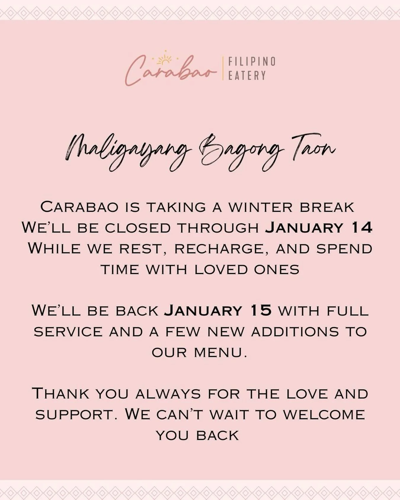 Carabao is taking a winter break!
We&rsquo;ll be closed through January 14 
While we rest, recharge, and spend time with loved ones ❤️

We&rsquo;ll be back January 15 with full service and a few new additions to our menu.

Thank you always for the lo