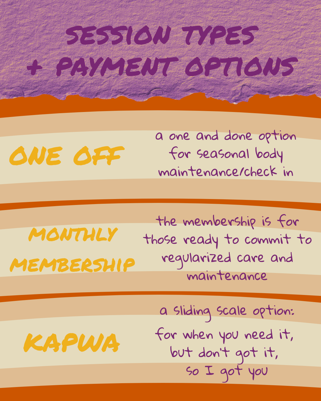 Colorful flyer with textured purple, brown, beige, and orange background, advertising session types and payment options, including one-off, monthly membership, and a sliding scale option.