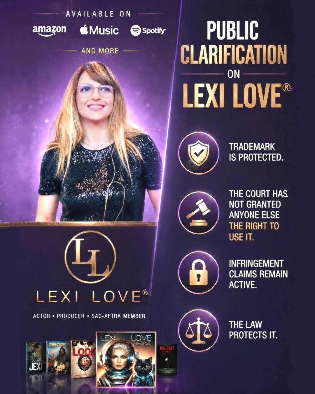 PUBLIC CLARIFICATION ON &ldquo;LEXI LOVE&rdquo; TRADEMARK COVERAGE

THE COURT DID NOT RULE THAT ANY PARTY&mdash;OTHER THAN THE FEDERAL TRADEMARK HOLDER 
@LexiLove &mdash; HAS ANY RIGHT TO USE THE NAME &ldquo;LEXI LOVE.&rdquo;

Recent coverage of Sele
