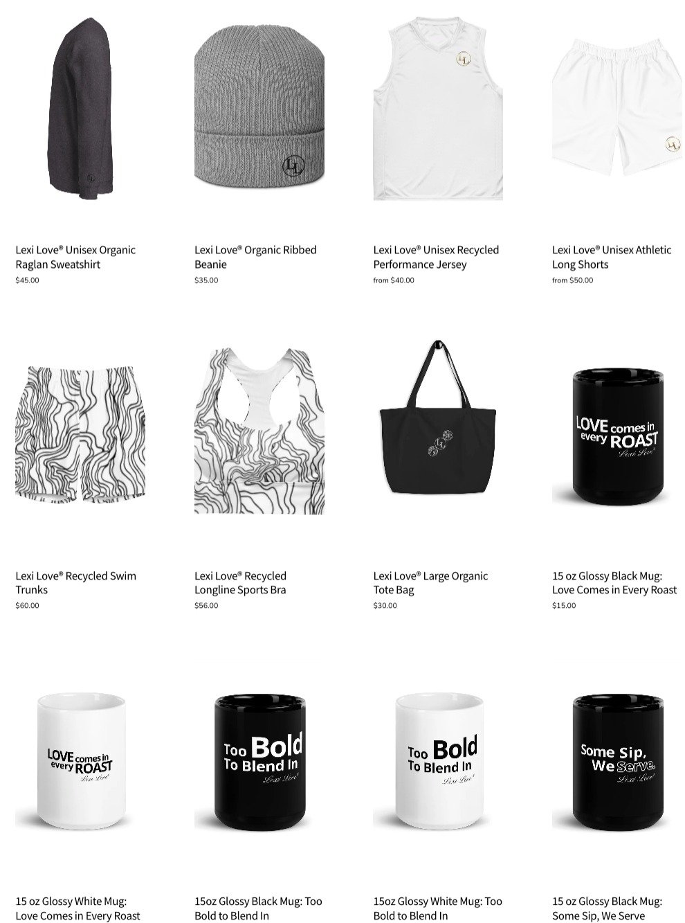 Lexi Love&reg; Shop Drop: 
Apparel
Accessories
Organic
Recycled
Performance-ready design
Signature mugs, totes, and lifestyle pieces
"Some Sip. We Serve." Lexi Love&reg;