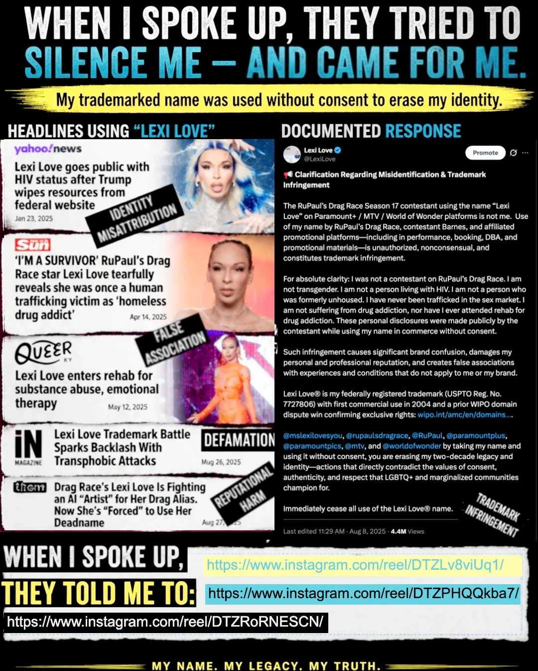 They snatched my name, Lexi Love. 
They published false associations that damaged my personal and business identity. They tried to cancel me. > They tried to silence me. > THEY CAME FOR ME. So I&rsquo;m speaking up&mdash;with receipts. >