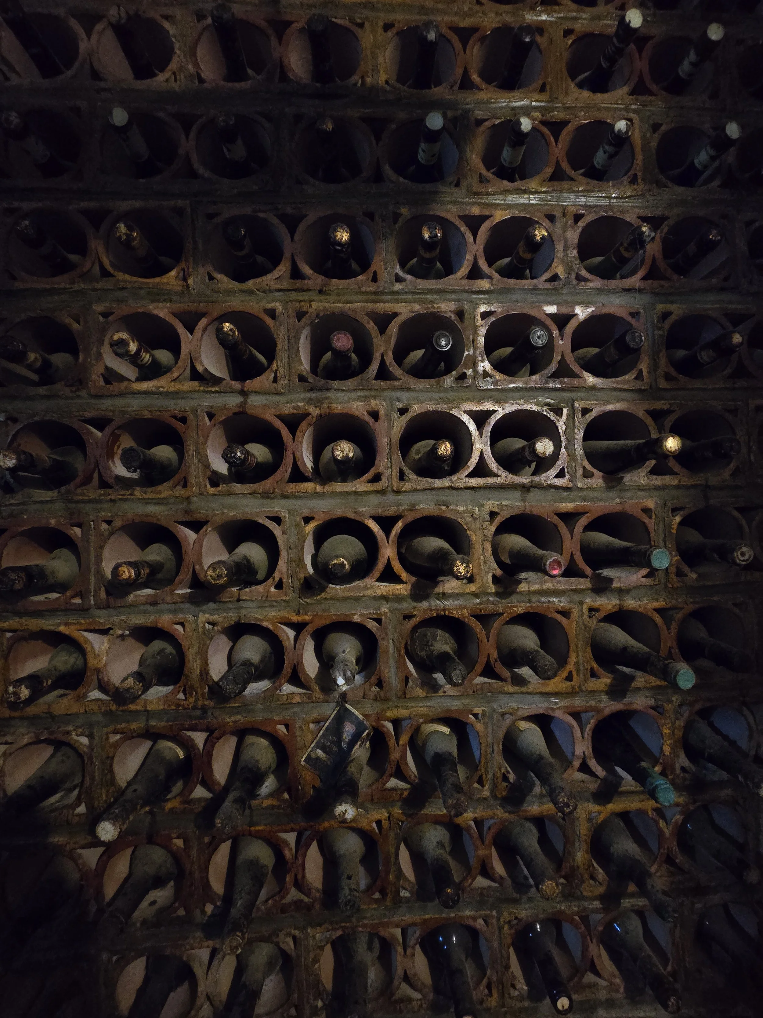 Scaffali di vino con bottiglie polverose in un ambiente in penombra.