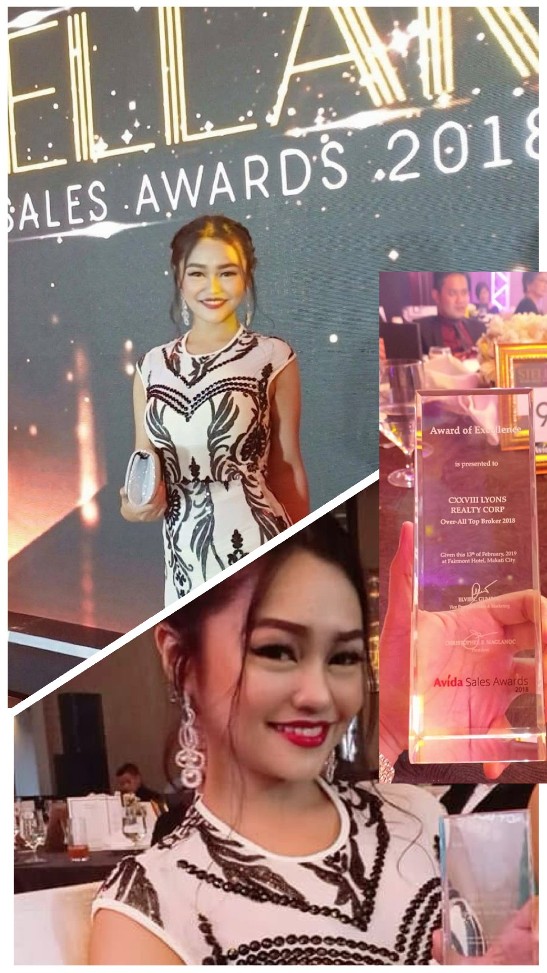 Collage of two women in elegant dresses at a sales awards event, with one holding a glass award plaque and the other standing on stage with a backdrop that reads 'SALES AWARDS 2018'.