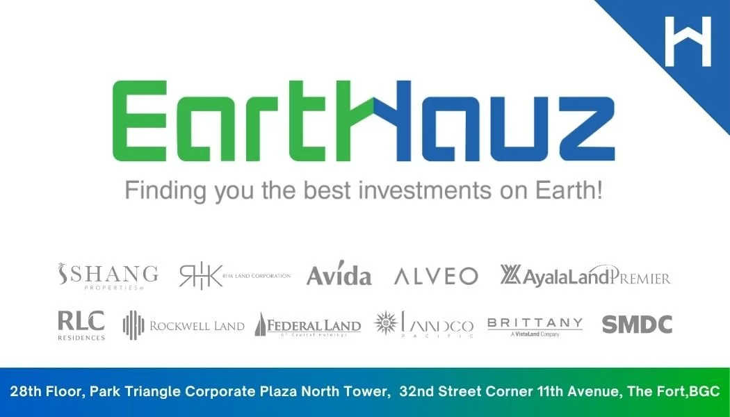 EarthHuz logo with the tagline 'Finding you the best investments on Earth!' and various real estate company logos below, along with a location address at the bottom.