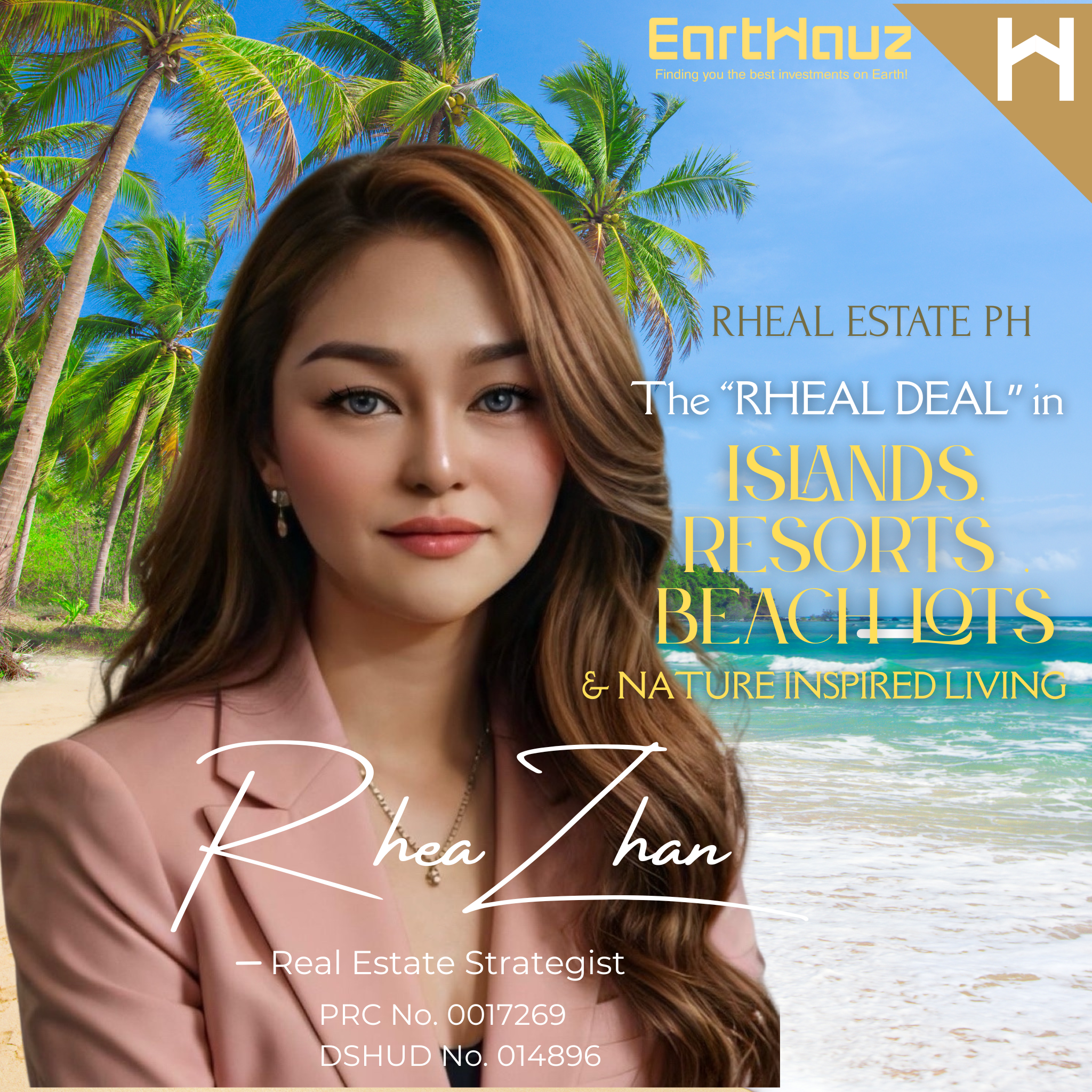 Promotional poster featuring a woman with long brown hair wearing a pink blazer, standing in front of a beach scene with palm trees and blue ocean. The poster advertises real estate investment opportunities on islands, resorts, beaches, and nature-inspired living, with the name Rhea Zhan and titles indicating her as a real estate strategist.