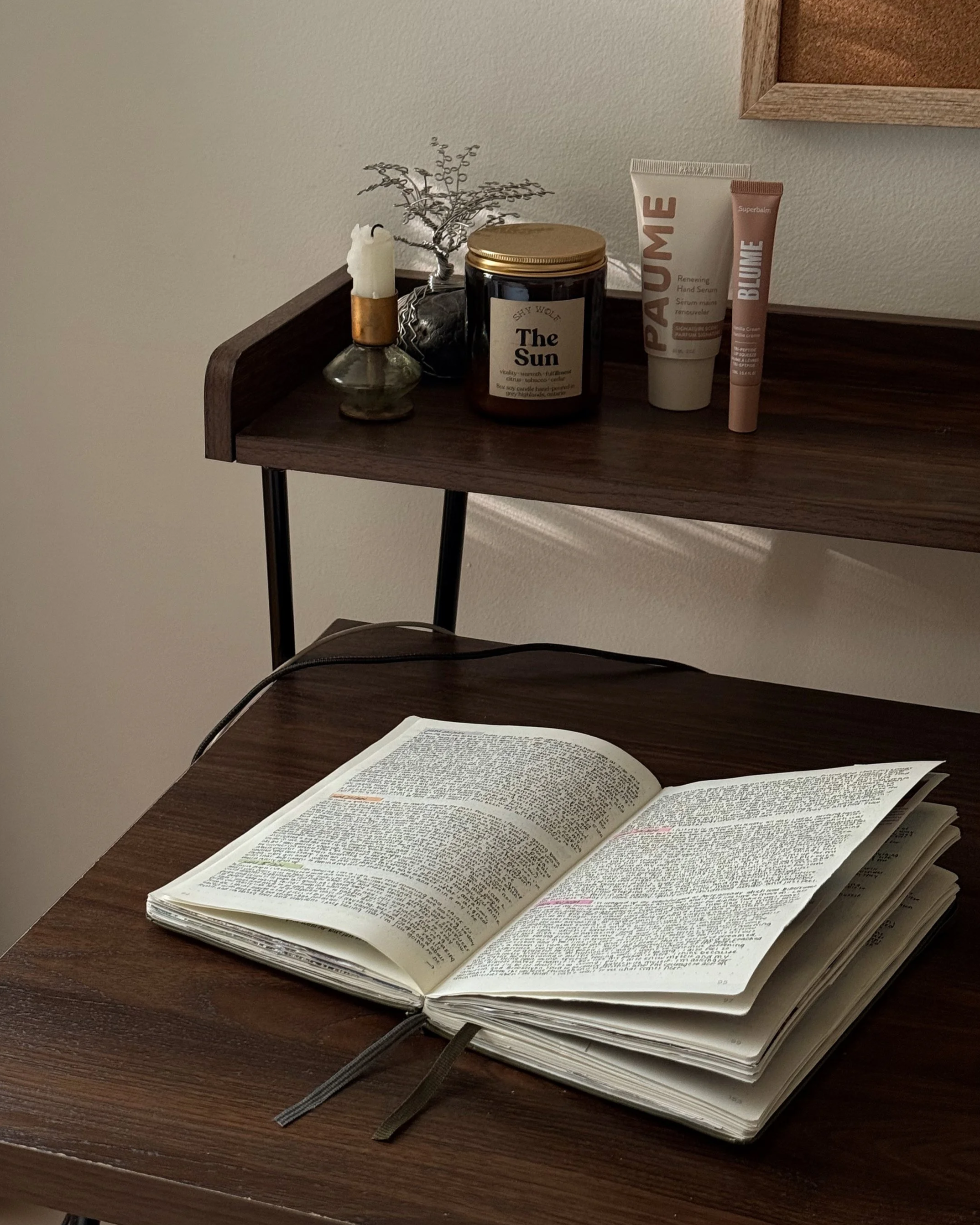 Open book with dense text on a wooden desk, with a bed candle, a small bottle, a decorative metal tree, and skincare products on a shelf above.