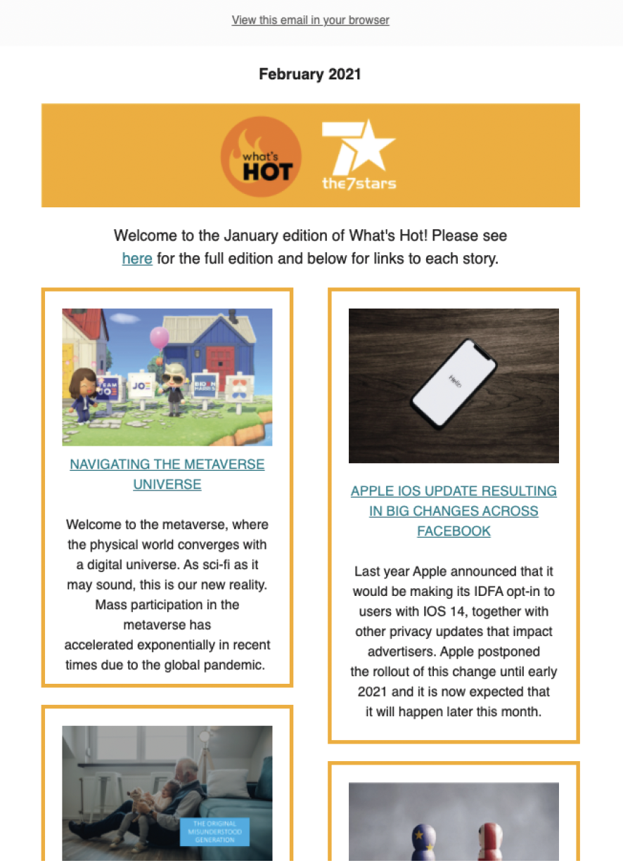 Screenshot of an email newsletter from February 2021 featuring articles about navigating the metaverse and Apple iOS updates, with images of animated characters and a smartphone on a wooden surface.