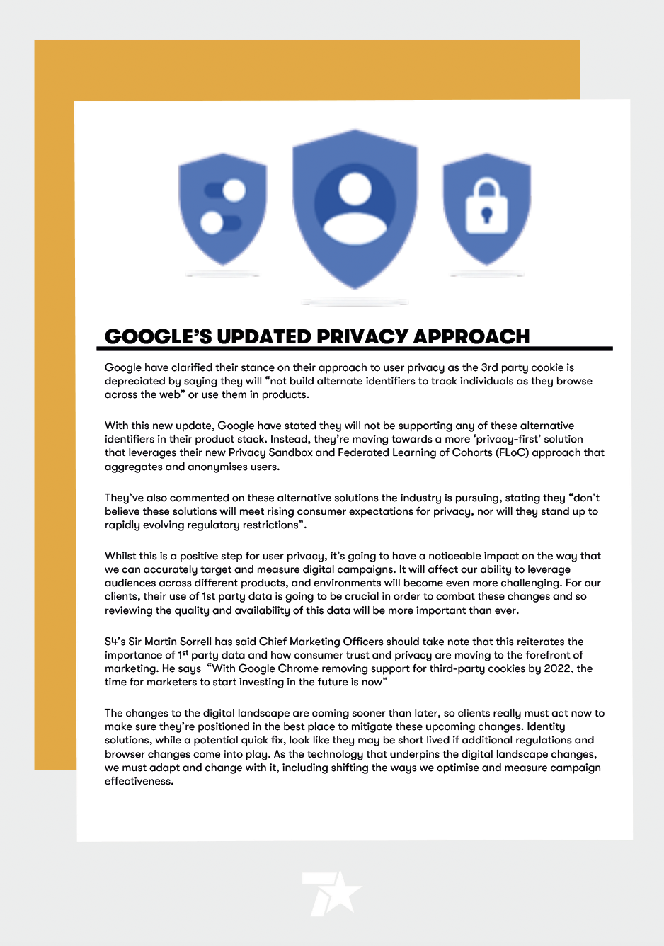 A document discussing Google's updated privacy approach, including icons of shields with a user, a lock, and privacy indicators at the top.