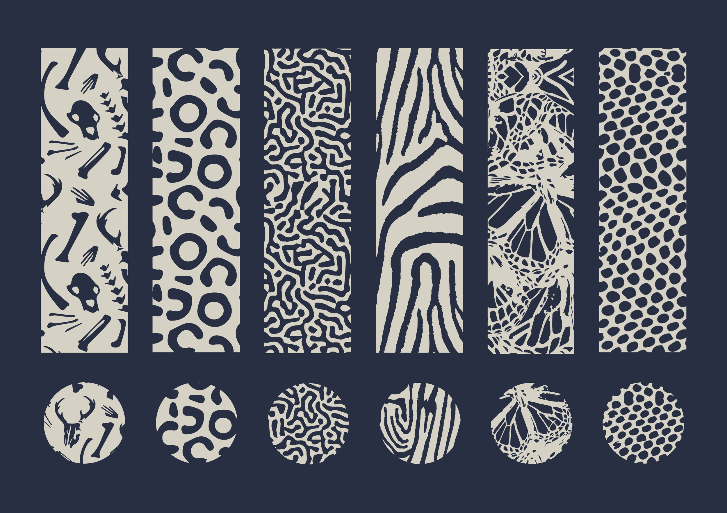 A set of six rectangular patterned strips and six circular pattern samples, featuring designs inspired by animal prints, natural textures, and abstract shapes, arranged in a row on a dark background.