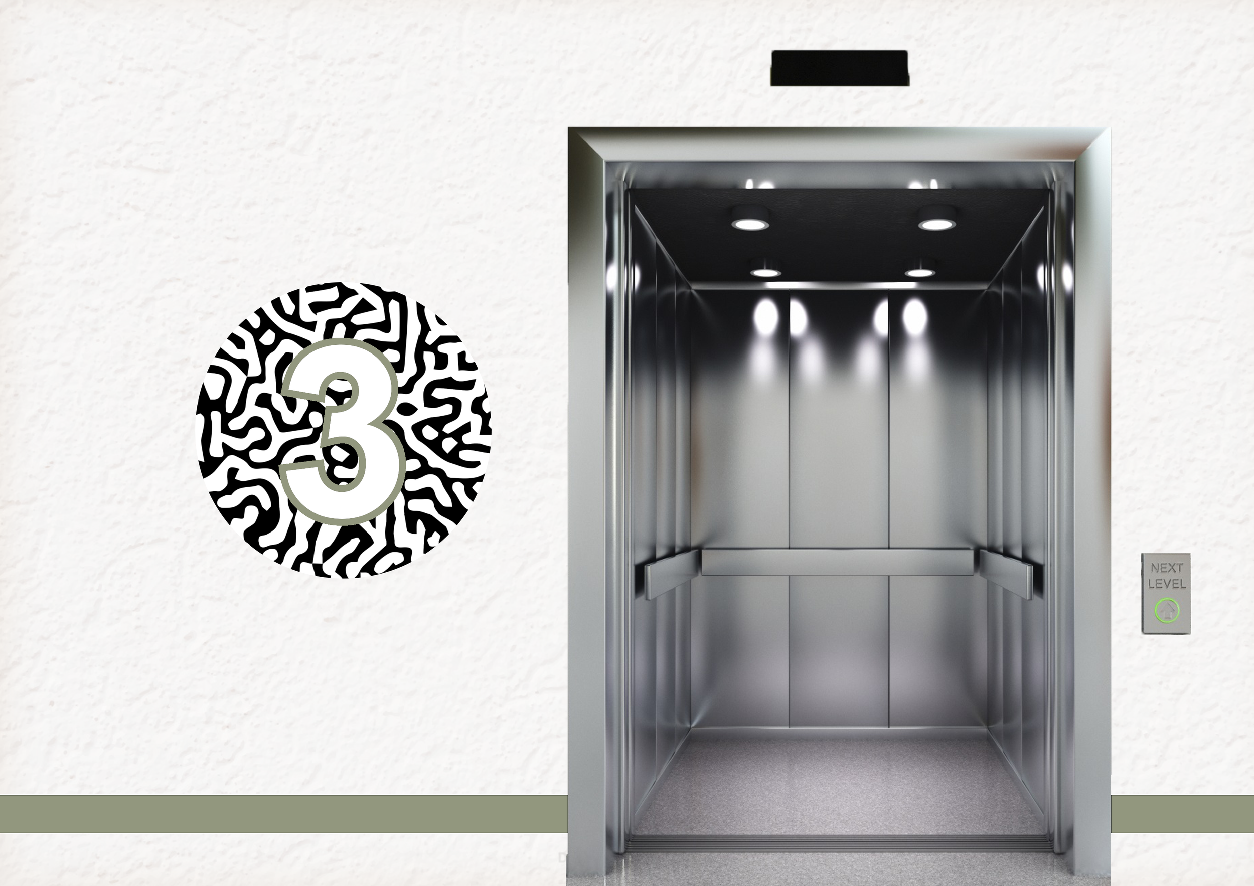 Elevator door open in a building with a wall sign displaying the number 3 and a decorative circular design, next to a panel indicating the next level.