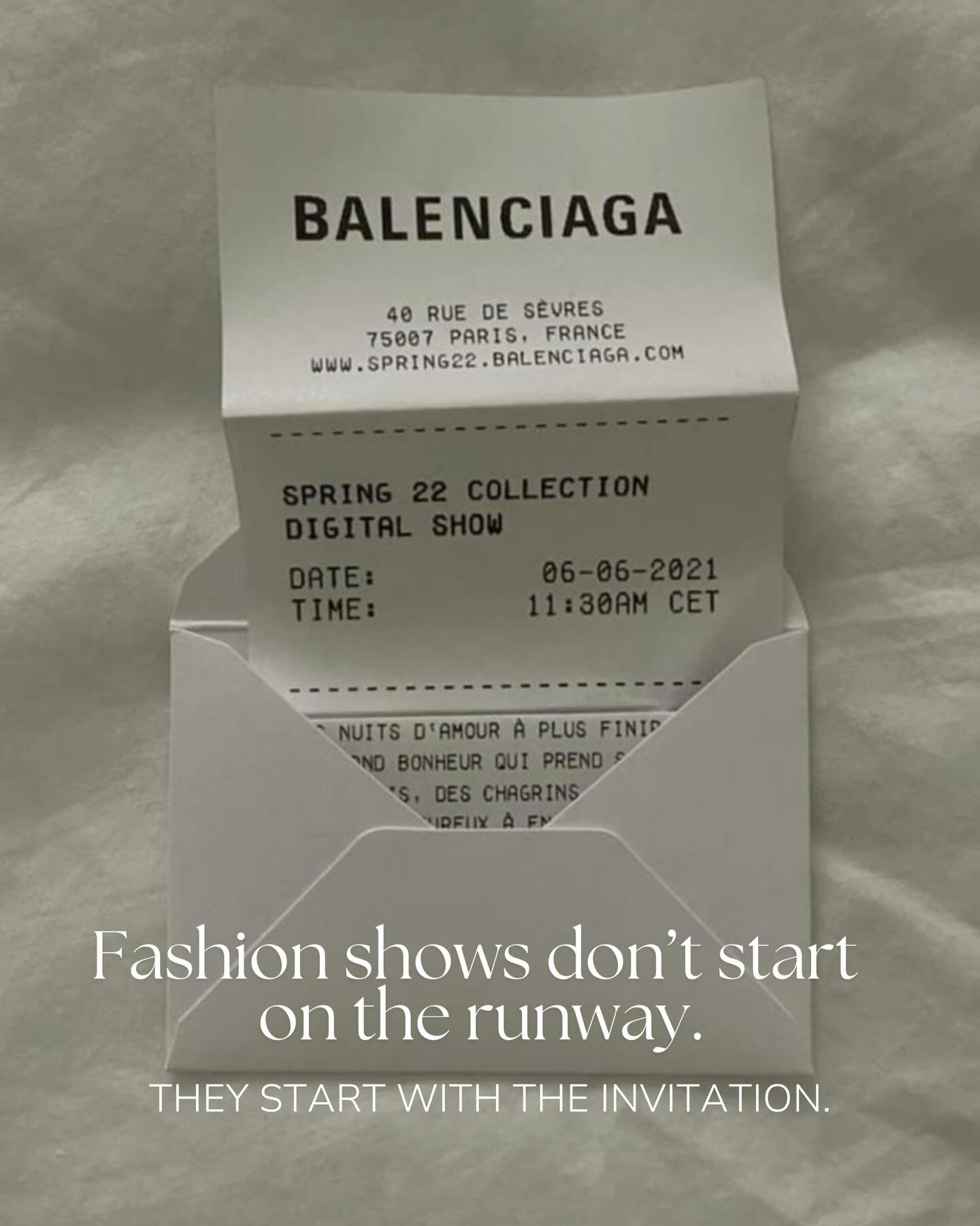 Before the runway, there&rsquo;s already a story being told.

Fashion show invitations have evolved into intentional brand objects, designed to signal tone, filter audiences, and shape perception ahead of the reveal.

From archival references to unex