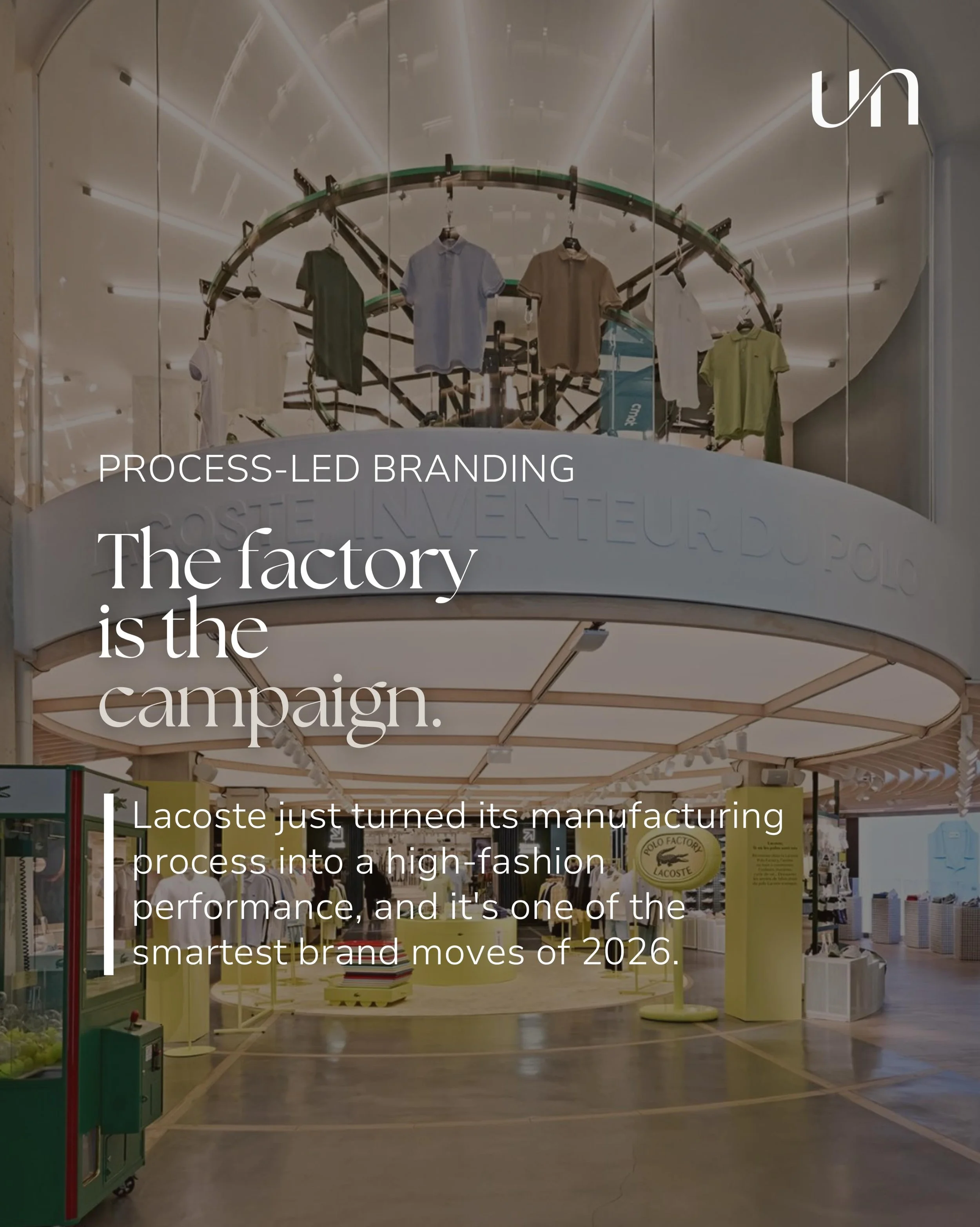 Lacoste didn&rsquo;t launch a campaign for SS26.

They turned their Paris flagship into a factory.

Conveyor tracks in the Champs-&Eacute;lys&eacute;es windows. A room of rotating yarn spools. Oversized polo slabs as sculpture. The entire manufacturi