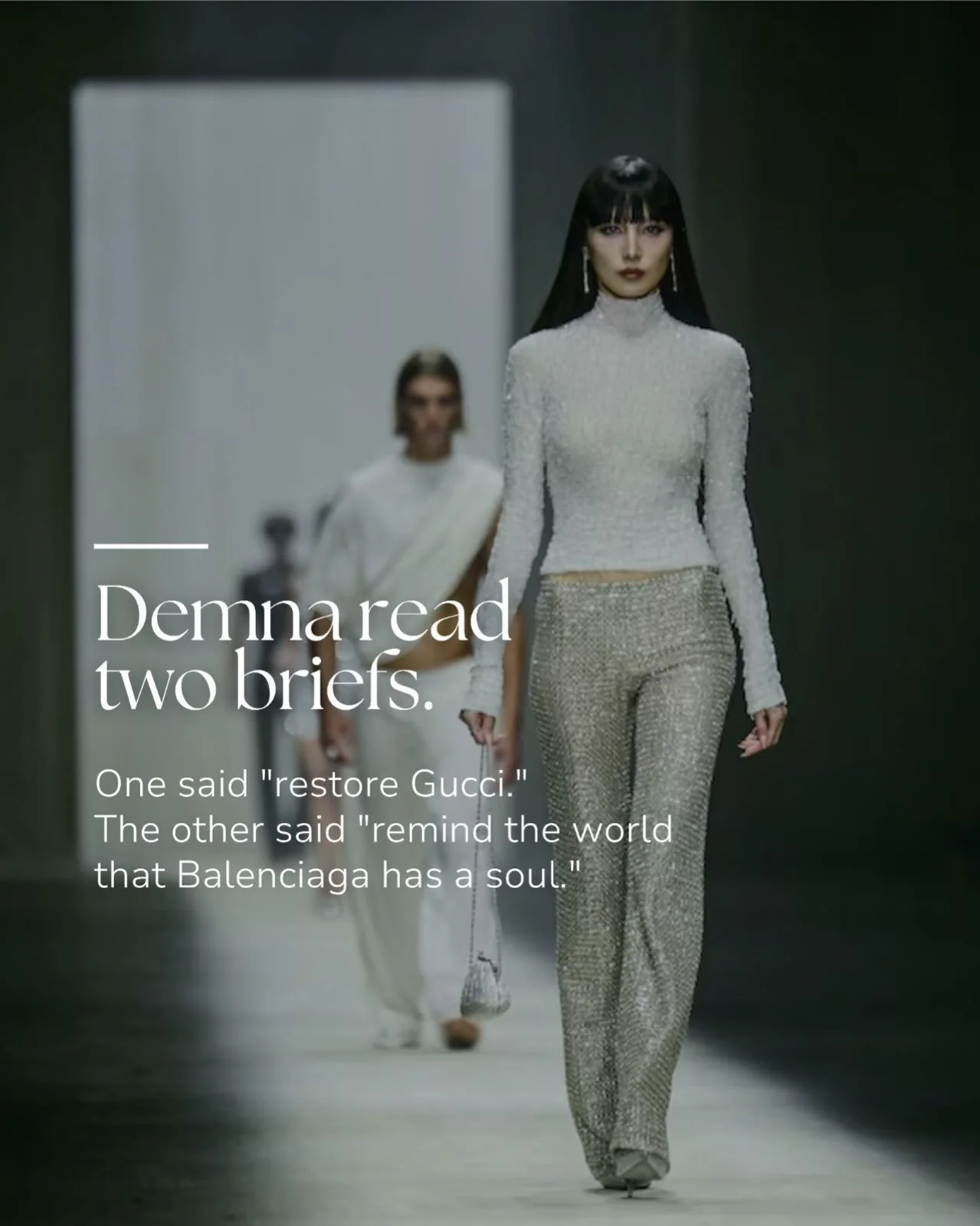 Demna&rsquo;s last act at Balenciaga was haute couture in a private salon.

His first act at Gucci was Times Square.

Same designer. Same intelligence. Completely different brief.

The best creative directors don&rsquo;t just answer the brief, they d