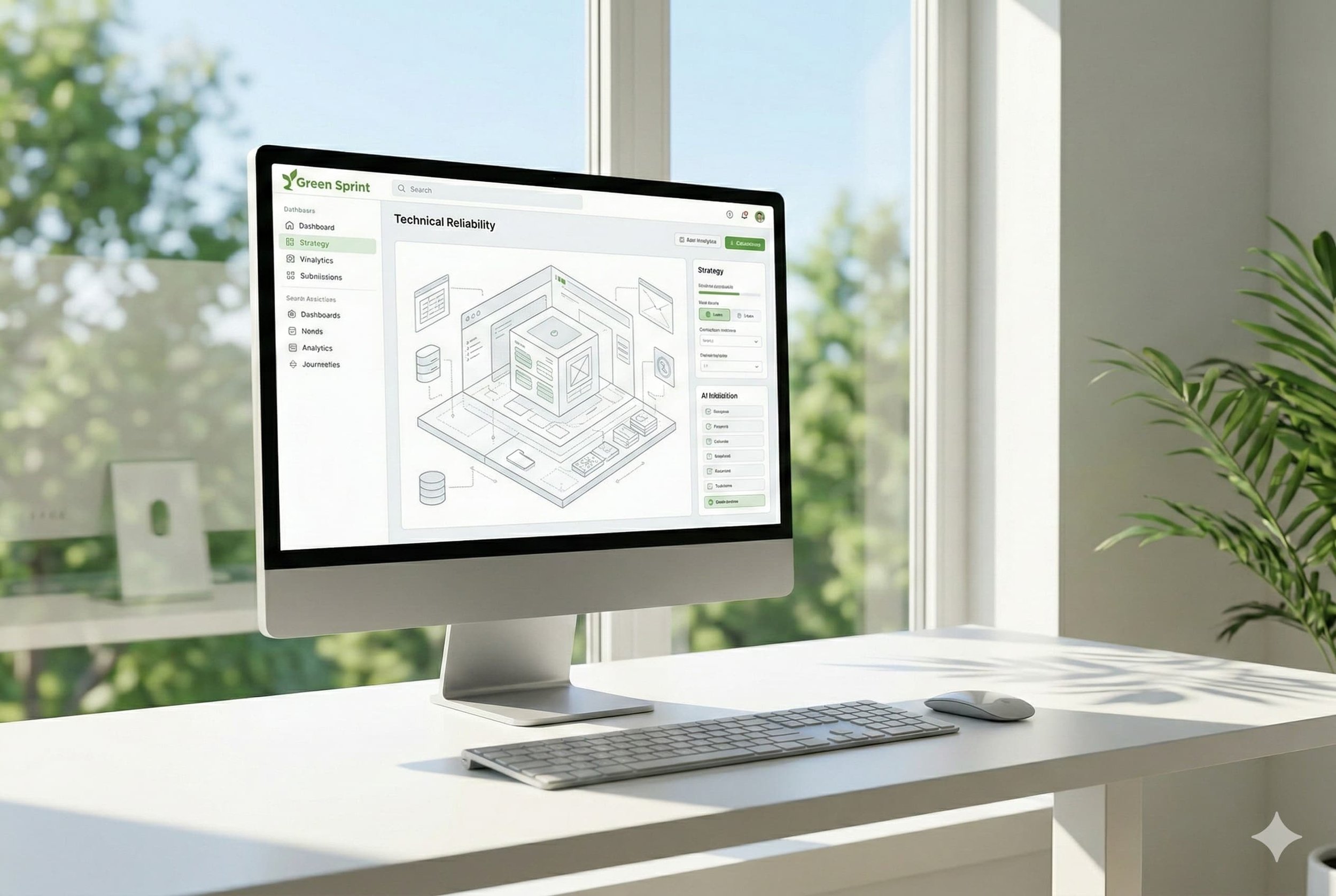 A desktop computer monitor showing a 3D technical website architecture and reliability audit.