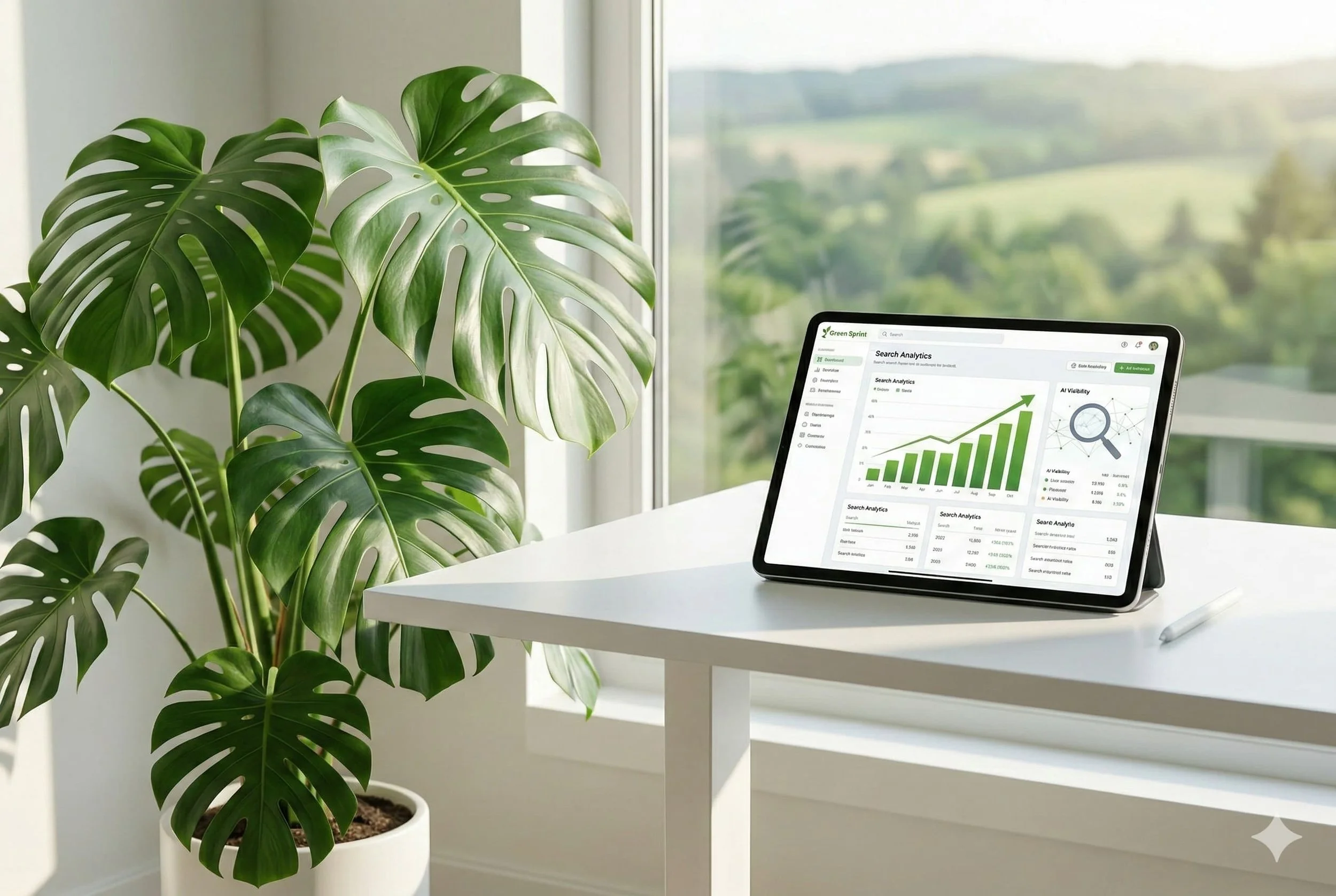 An iPad displaying a Green Sprint analytics dashboard showing upward trending search visibility and AI metrics.