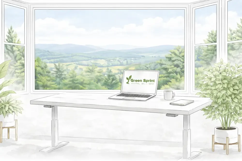 A bright, modern workspace with a laptop displaying the Green Sprint Digital logo, overlooking a green landscape.