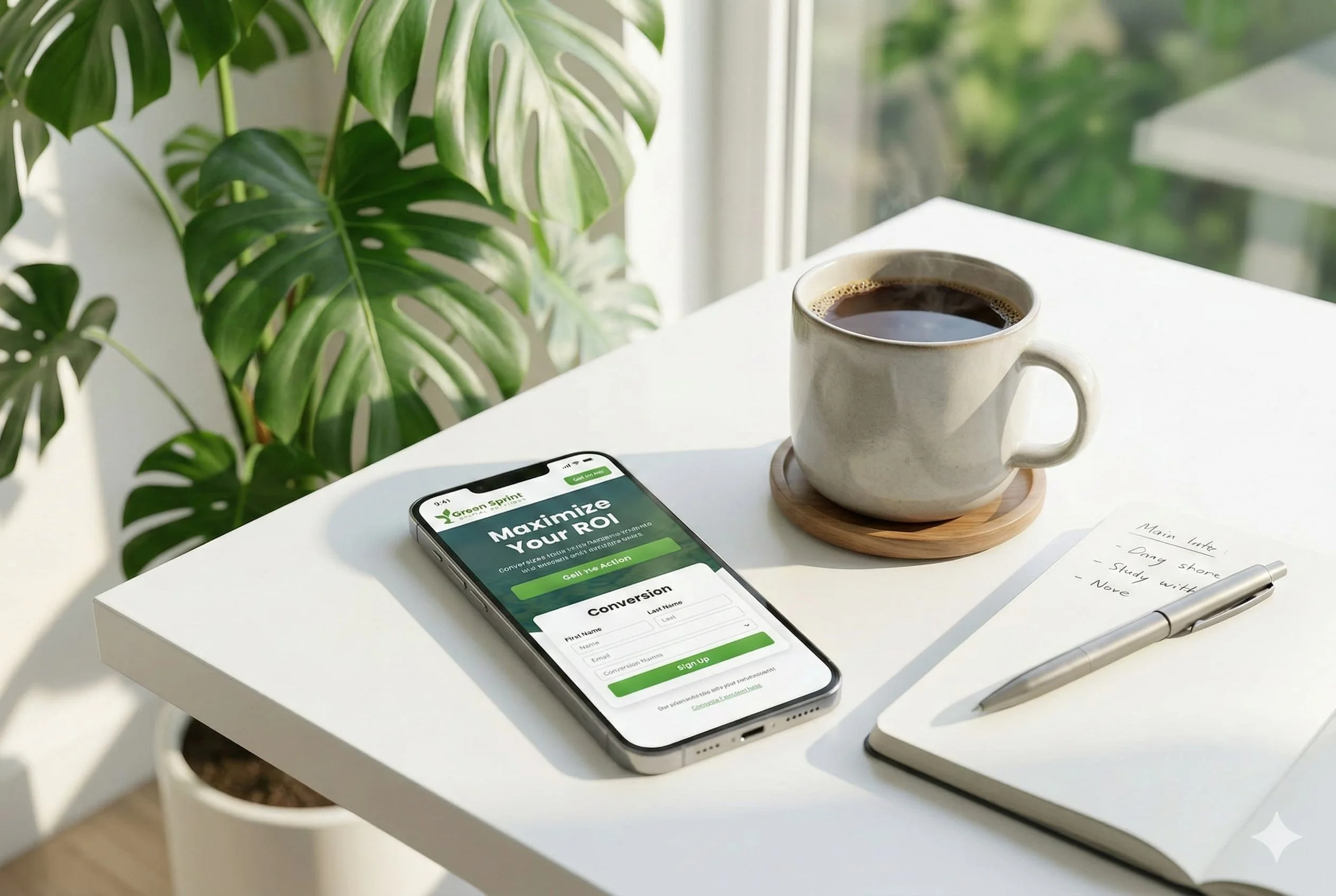 A smartphone displaying a Green Sprint digital landing page optimized for maximizing ROI and increasing conversion rates.